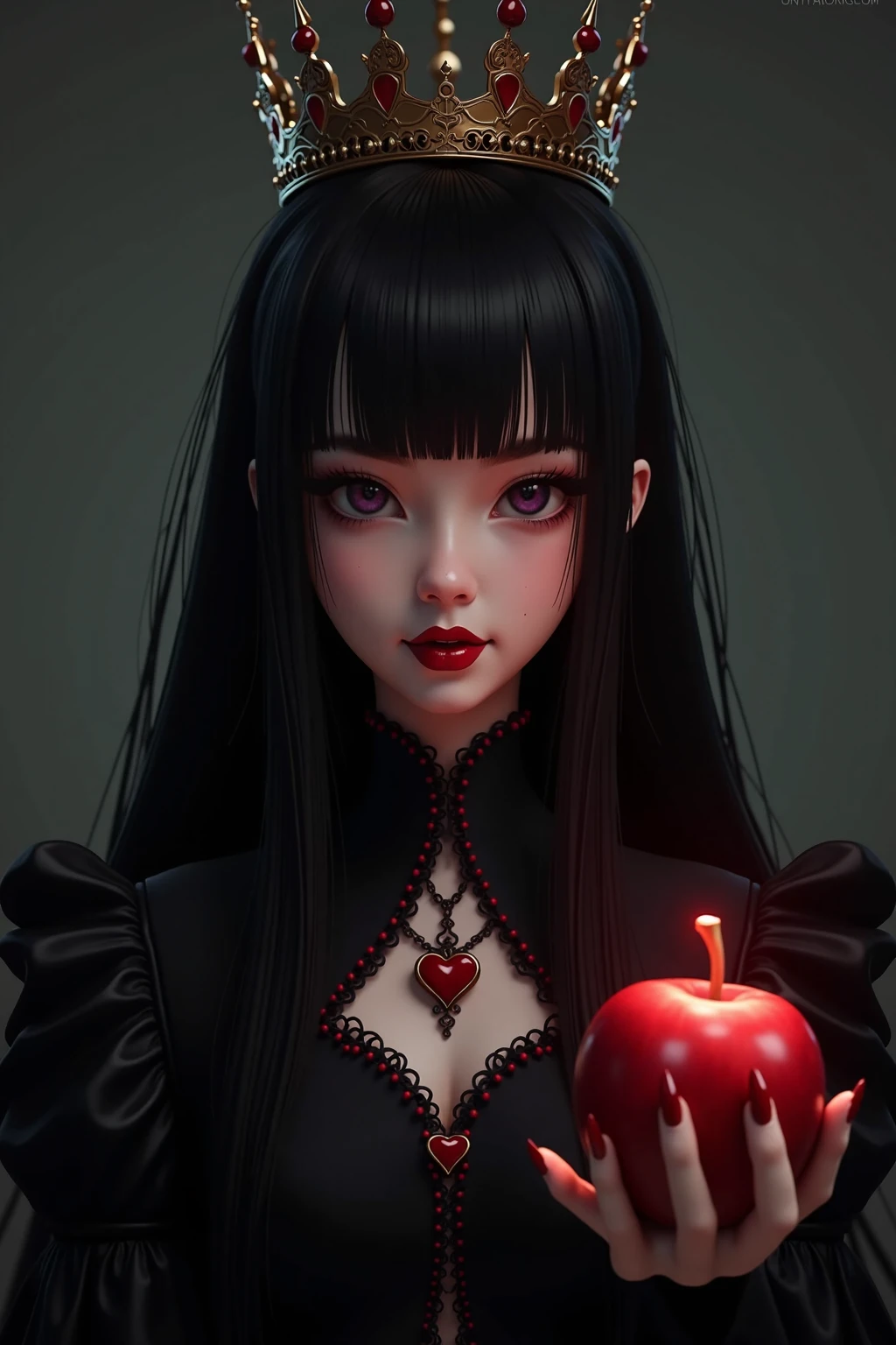 ((RAW photos)，Absurd，(Absurd分辨率))，masterpiece，Best quality，(Extremely Detailed 8k Unity CG Wallpaper)，(Best Illustration)，(best shadows)，Realistic lighting，Beautiful and Detailed Brilliance，((21yo))，girl，longblackhair，Black Queen，accessories for girls，Handheld Apple，Poison apples，Queen of Witches，Red Lipstick，(((Her Photographic Perspective)))