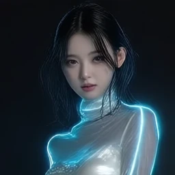 A close-up studio portrait of a young woman with East Asian features and porcelain skin, her gaze half-open in a provocative manner. Her dark brown, tousled hair covers her face. She wears subtle, glossy makeup. She wears a sheer, sleeveless, high-necked Whisper Silk top with small white pearl studs. She leans forward. Cool blue neon rim lighting from behind and on both sides, along with subtle lighting from a small frontal beauty dish with a heavy grid, creates a futuristic, cyber-sensual look with a glowing border around her hair and shoulders, and her skin is softly luminescent. The background is completely black with a subtle neon haze. A magnetic, slightly otherworldly, erotic atmosphere. Ultra-high resolution, ultra-shallow depth of field.