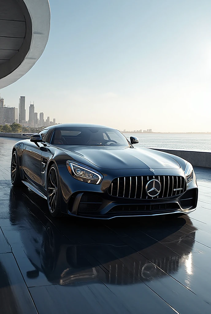 Mercedes benz-amg GTR, standing still, in a city in the morning, masterpiece, best quality, high quality, realistic lighting, cinematic lighting, high resolution, sharp, in focus, (intricate details:0.9), (hdr, hyperdetailed:1.2)