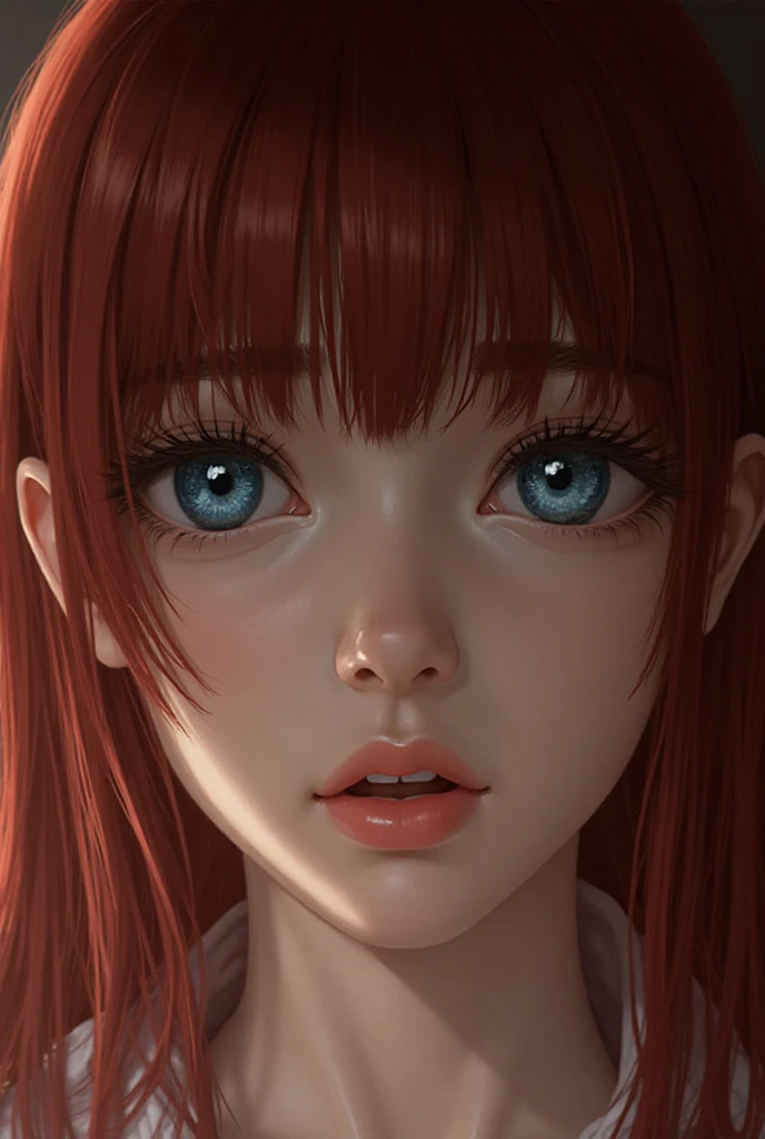 Ultra realistic anime-style woman with red hair in a braid, yellow eyes glowing softly, slow camera zoom into her face, expression calm and mysterious, standing in dim warm lighting, subtle wind moves her hair slightly, no background music, just ambient wind, cinematic portrait, hyper detailed, shallow depth of field, inspired by Makima from Chainsaw Man, 8K