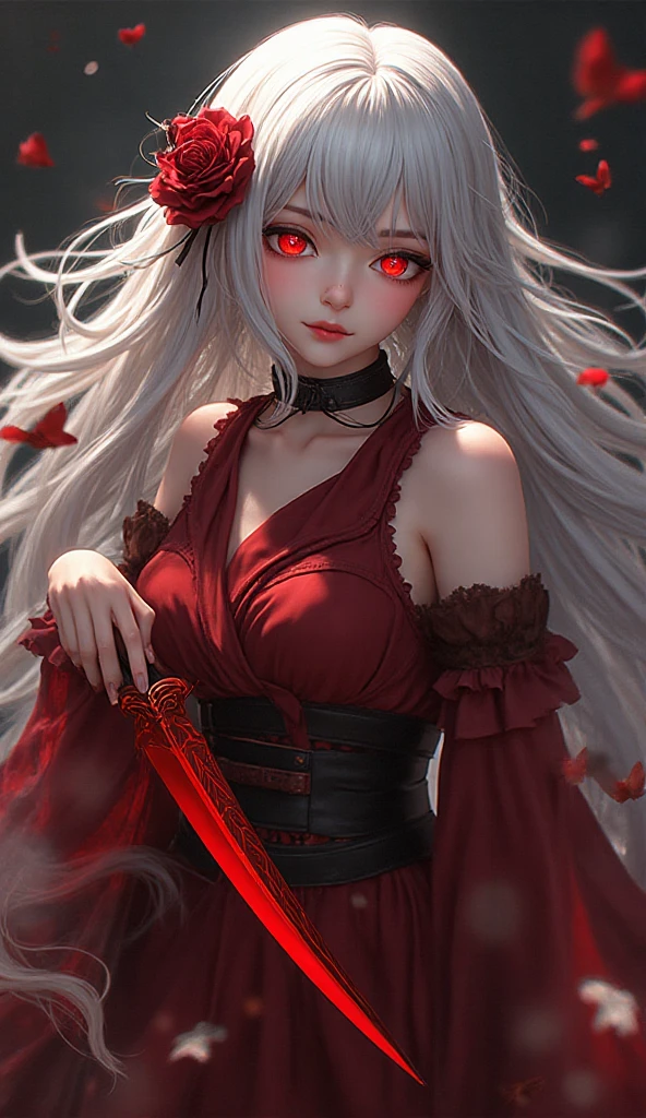 a beautiful young woman, 1 girl, detailed face, twin tails, colorful hair with black roots and red tips, wearing a red shirt with silver patterns, witch's hooded cloak, black leather pants, expressive detailed eyes, collar, jewelry, smile, hyperrealistic, video game rendering effect through ink overlay, white background, blood black shadow overlay effect, shading effect, red dualization effect, bloody ink, liquid ink rendering, hyperrealistic Sumi-e liquid ink painting, high detail, intricate details