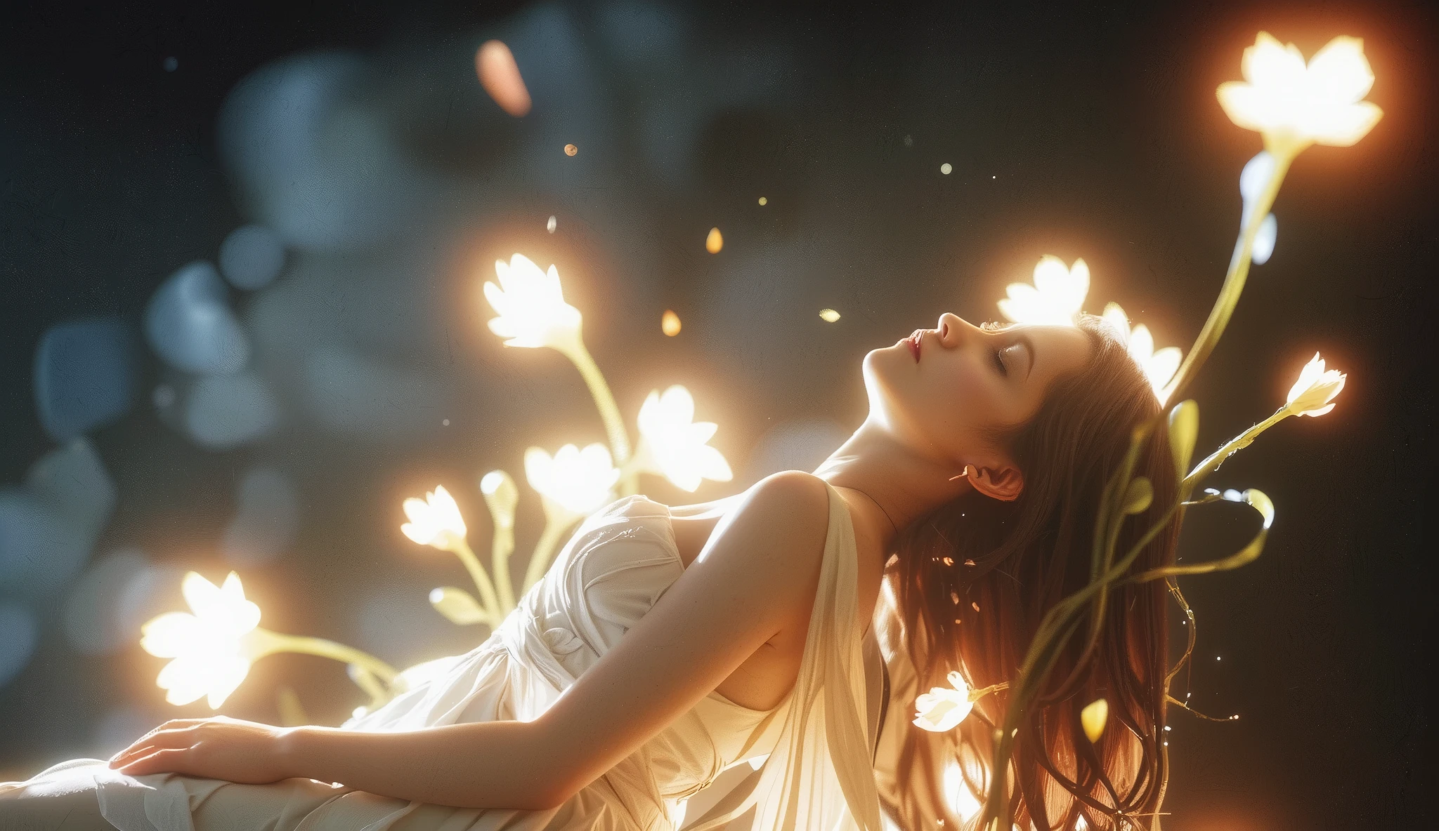 surreal cinematic portrait of a woman in a sculptural pose, your body gracefully leaning back as if frozen in time, She wears a flowing dress, branco, her soft skin illuminated by diffused and dark light, } luminous flowers bloom from your back emitting a soft ethereal glow, petals floating in the air like fragments of light, delicate stems intertwining with their shape, symbol of rebirth and transcendence, atmosphere filled with floating mist and warm mist, soft light outlining its outline, serene emotion, subtle particles and glowing dust, Detalhe Hiperreal, anatomia suave, minimalist artistic background, Volumetric cinematographic lighting, film grain, bokeh bloom, rendering from Unreal Engine, flux style composition, surreal emotional beauty, mystical tone, inspired by Greg Rutkowski, uau, ruan jia,