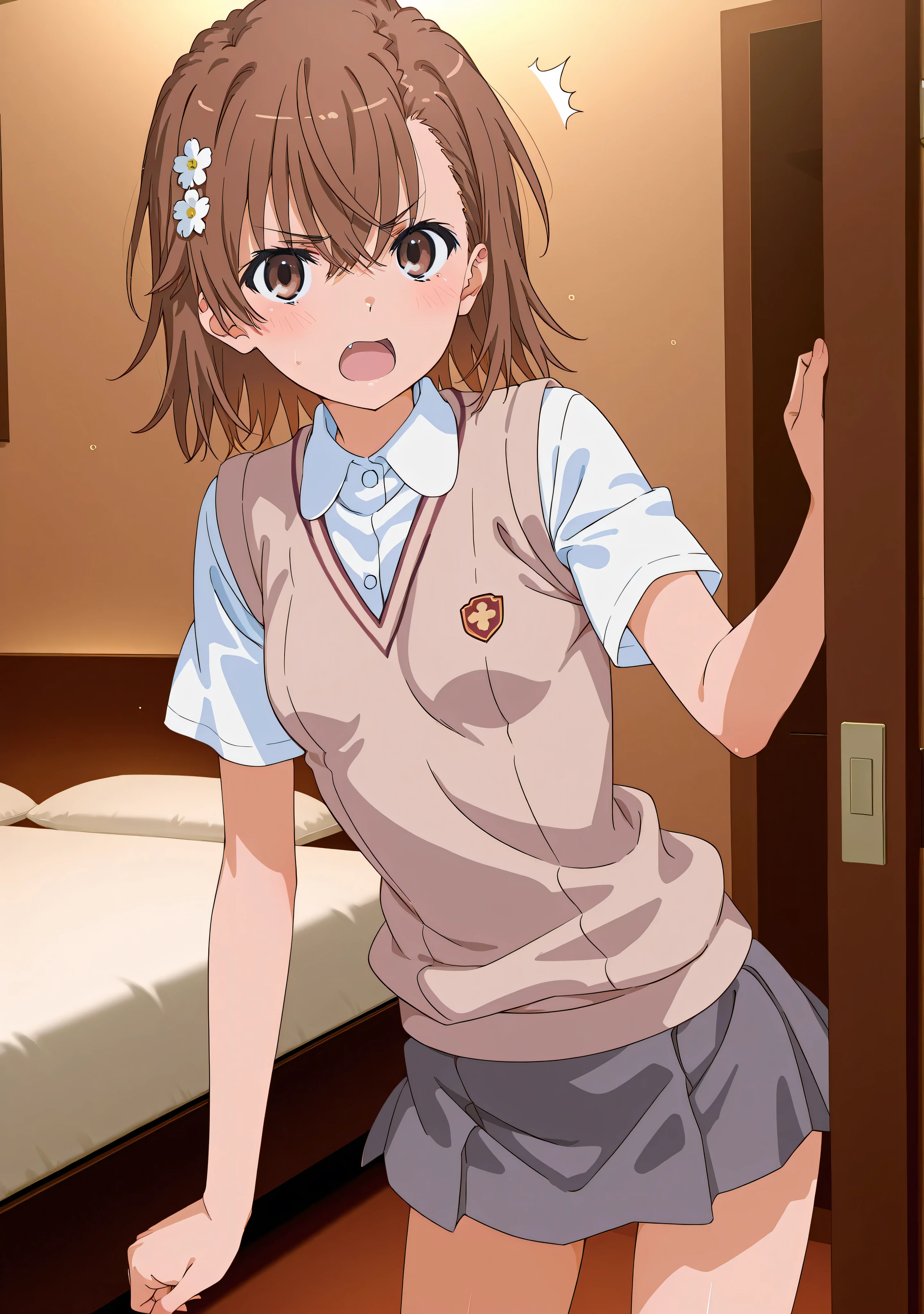 (((misaka miloto)))、hair flower、small 、1 girl、from front、white shirt、short sleeves、sweater vest、tokiwadai school uniform、grey skirt、mini skirt、open mouth、irate、glare、indoor、brown wall、hotel room