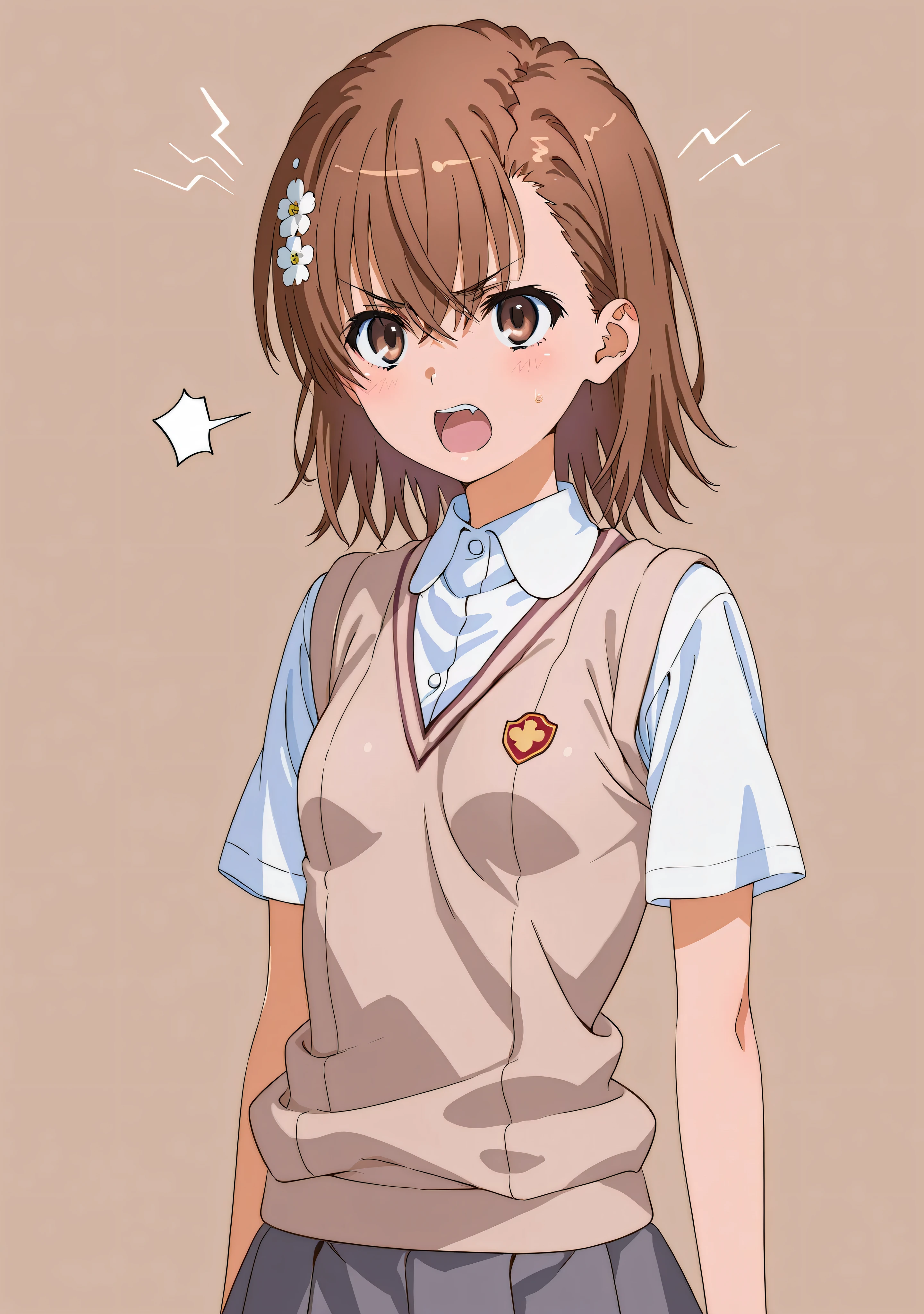 (((misaka miloto)))、hair flower、small 、1 girl、from front、white shirt、short sleeves、sweater vest、tokiwadai school uniform、grey skirt、mini skirt、open mouth、angry、glare、indoor、brown wall、simple background、arms at sides