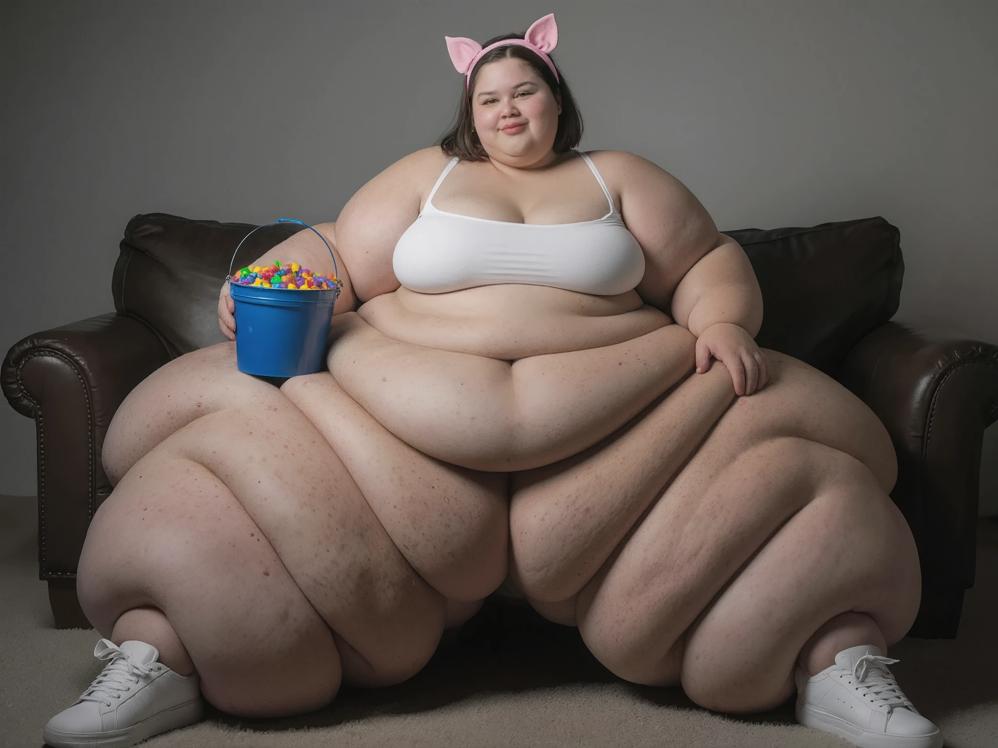 A image depicts a wide angle, full-body shot of a very beautiful, extremely fat, extremely plus-sized woman, sitting down. She is an extremely morbidly obese, an unimaginably super super sized USSBBW weighing over 2000 pounds. Her extremely obese upper body is dominated by an absurdly massive belly apron. Her belly is extremely gigantic. She has extremely wide hips and colossal ass which are so morbidly obese that she is almost as wide as she is tall. Her legs are cased in layers of fat and end in bloated feet wearing trainers. She has puffy arms with ginormous bingo wings. Every part of her body is engulfed in thick layers of blubber, fat rolls and fat folds. She is a teenage woman. She is native American. She is sitting on a sofa and is clutching a large bucket of sweets. She is wearing a skimpy white bikini which is straining to contain her oversized breasts, and a pink headband with pigs ears, and white trainers. The image is photorealistic, with 8k resolution, global illumination and shadows. She has beautiful, realistic skin with detailed texture including cellulite. Her face is extremely beautiful, fat, and she has huge plump lips. She is looking at viewer with an embarrassed smile.