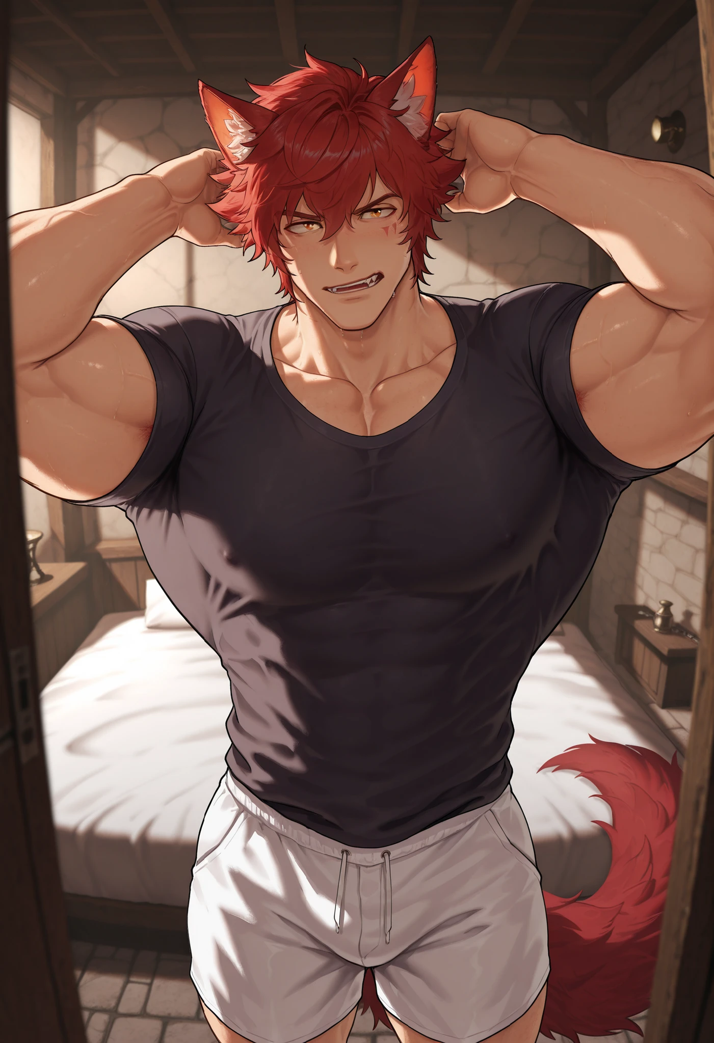 1 , alone)), wolf ears and tail, Sett from League of Legends heartsteel, black baggy shirt, white baggy shorts, in a dark room, cozy yellow light, European bedroom, ultra resolution, masterpiece, ((short hair )) perspective correction,((seductive pose)) , anatomically correct muscles, v shape body, red hair, small front fringe, male focus , (well-detailed yellow eyes , well done)) focus on the eyes), large pectorals, shaded, (masterpiece:1.35), (muy estético, best quality:1.3), shaded detallado, C, shaded realista, very detailed, masterful composition , cinematic and natural lighting, well done better result, background in a dark bedroom, detailed colors