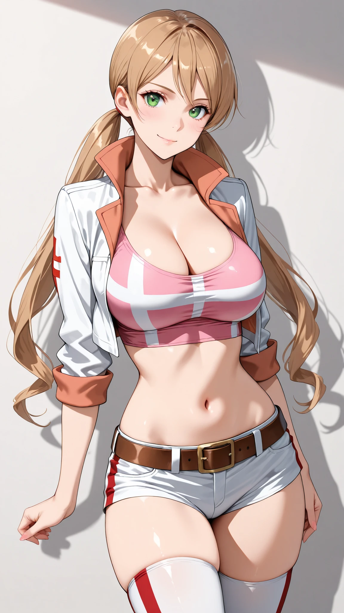 ((masterpiece,best quality,ultra detailed,high resolution)),cowboy shot,solo,Lafter Frankland,lftrfld, low twintails, light brown hair, long hair, green eyes, large breasts,pink crop top, (cleavage), white jacket, cropped jacket, two-sided jacket, midriff, brown belt, short shorts, striped thighhighs, white thighhighs, brown boots,