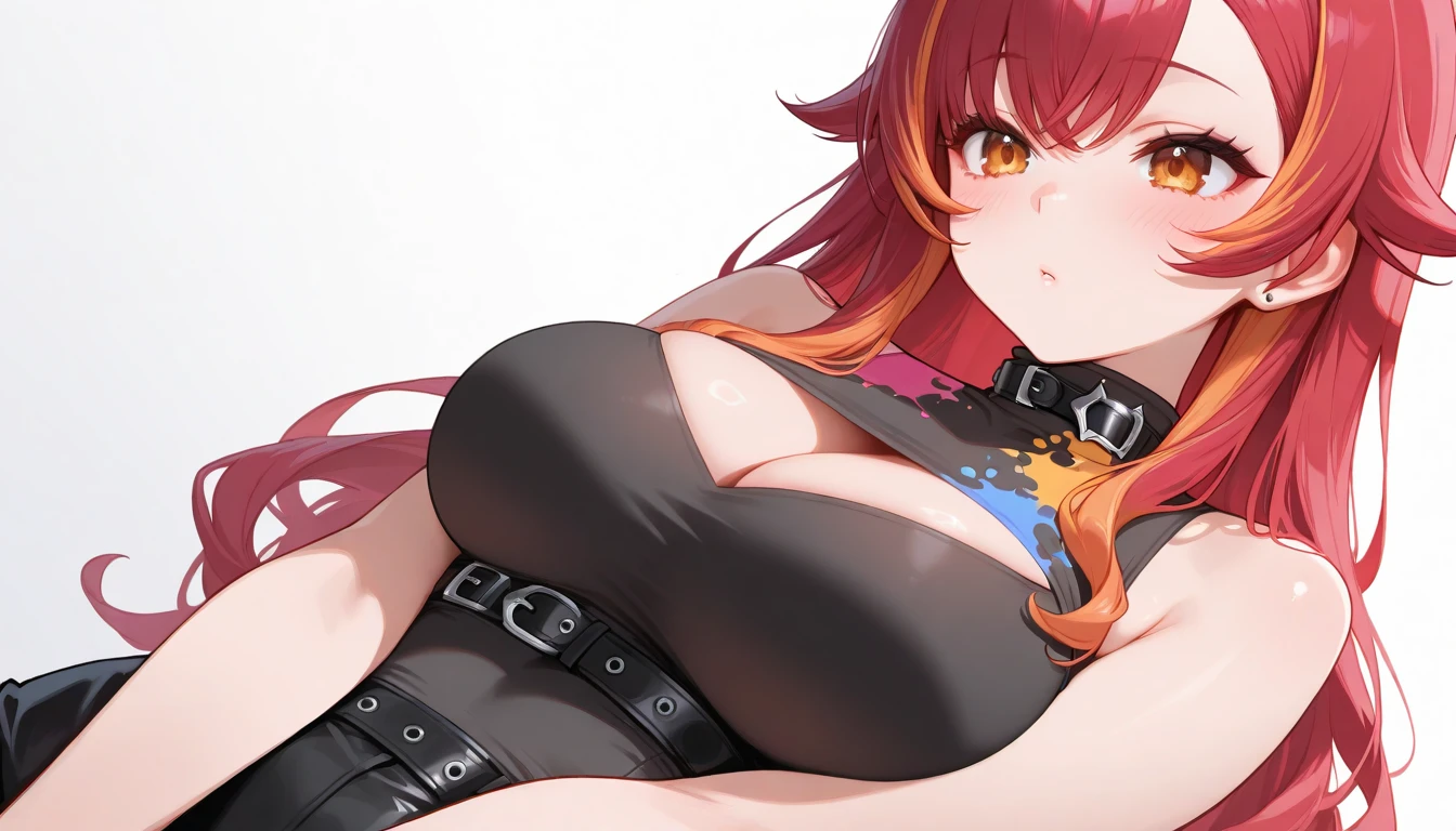 Score_9, score_8_up, honolulu, orange eyes, red hair, long hair, twintails, hair ribbons, ribbon, 1girl, solo, huge breasts, wide hips, thick thighs, silver dress, sparkling dress, straps, looking at viewer, closed mouth, half opened eyes, blush, smile, party, sitting, cowboy shot,