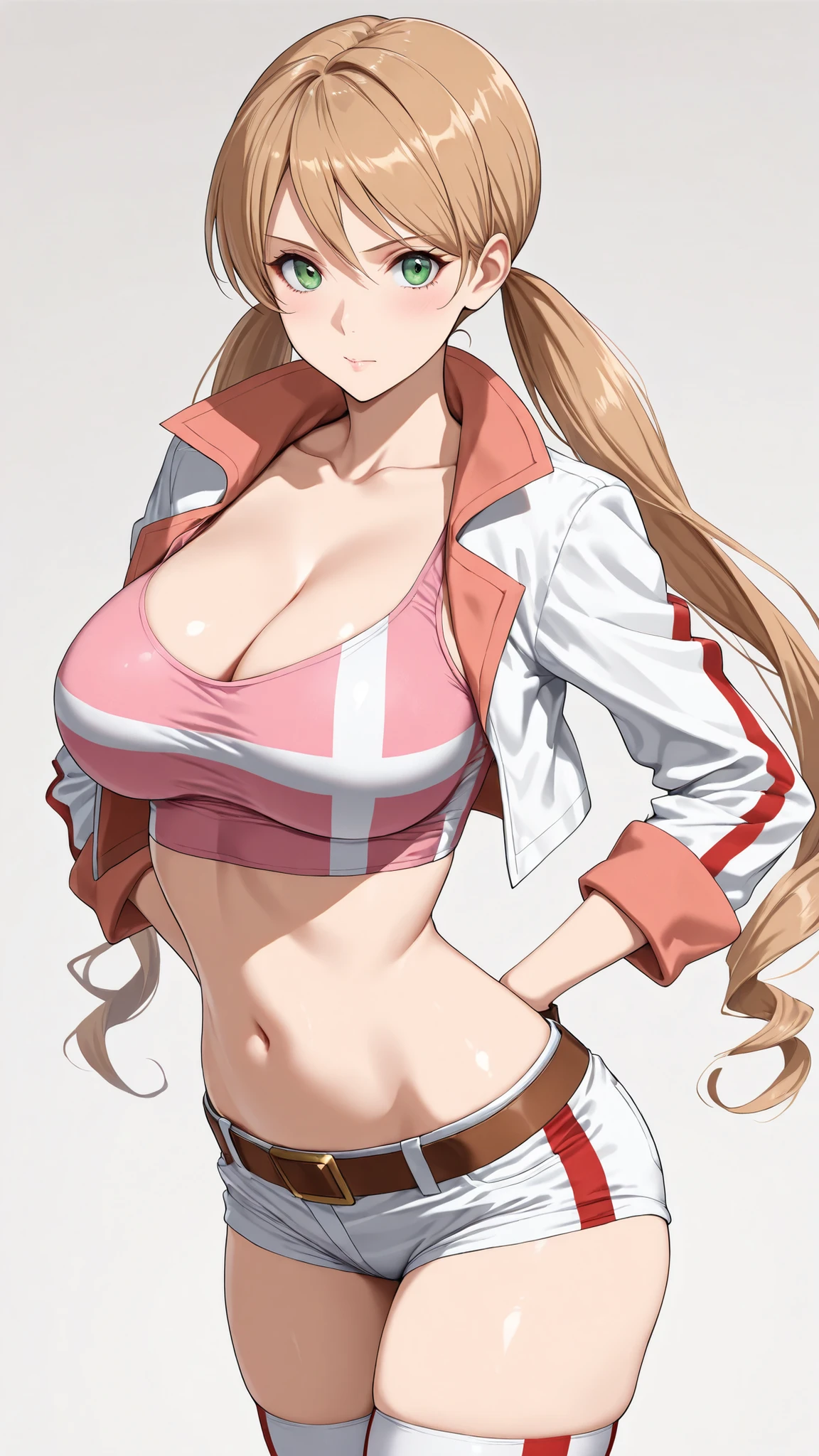 ((masterpiece,best quality,ultra detailed,high resolution)),cowboy shot,solo,Lafter Frankland,lftrfld, low twintails, light brown hair, long hair, green eyes, large breasts,pink crop top, (cleavage), white jacket, cropped jacket, two-sided jacket, midriff, short shorts,thighhighs,