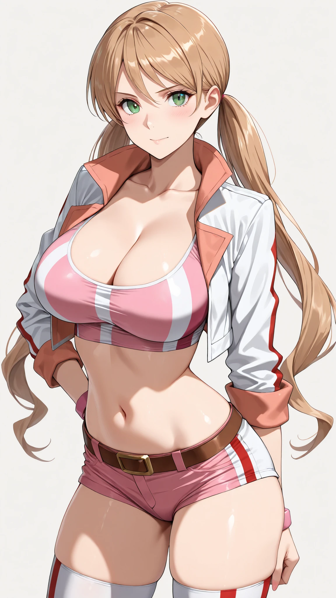 ((masterpiece,best quality,ultra detailed,high resolution)),cowboy shot,solo,Lafter Frankland,lftrfld, low twintails, light brown hair, long hair, green eyes, large breasts,pink crop top, (cleavage), white jacket, cropped jacket, two-sided jacket, midriff, short shorts,thighhighs, 