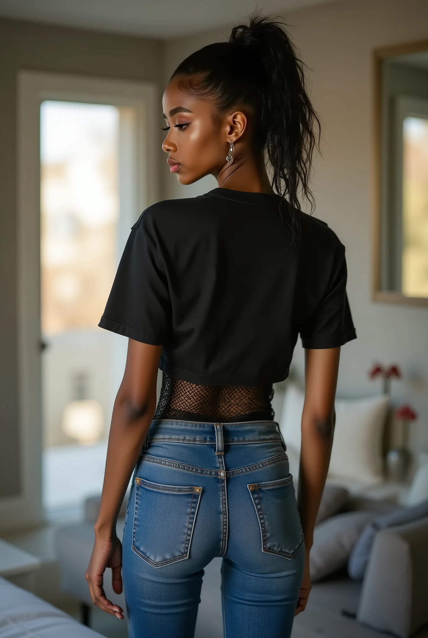 photoreal rear view portrait of a young Black model with commanding presence, slender petite physique, wearing skin-tight blue denim jeans that perfectly contour her sculpted glutes and thighs, paired with a cropped black t-shirt layered over a coarse fishnet top revealing her toned back, standing confidently in a modern minimalist hotel room, her head slightly turned to show her profile with stern expression, natural hair styled elegantly, bright daylight streaming through large windows creating dramatic highlights across her silhouette, high-end photography with perfect lighting, 85mm portrait lens, shallow depth of field, crisp details, photorealistic texture