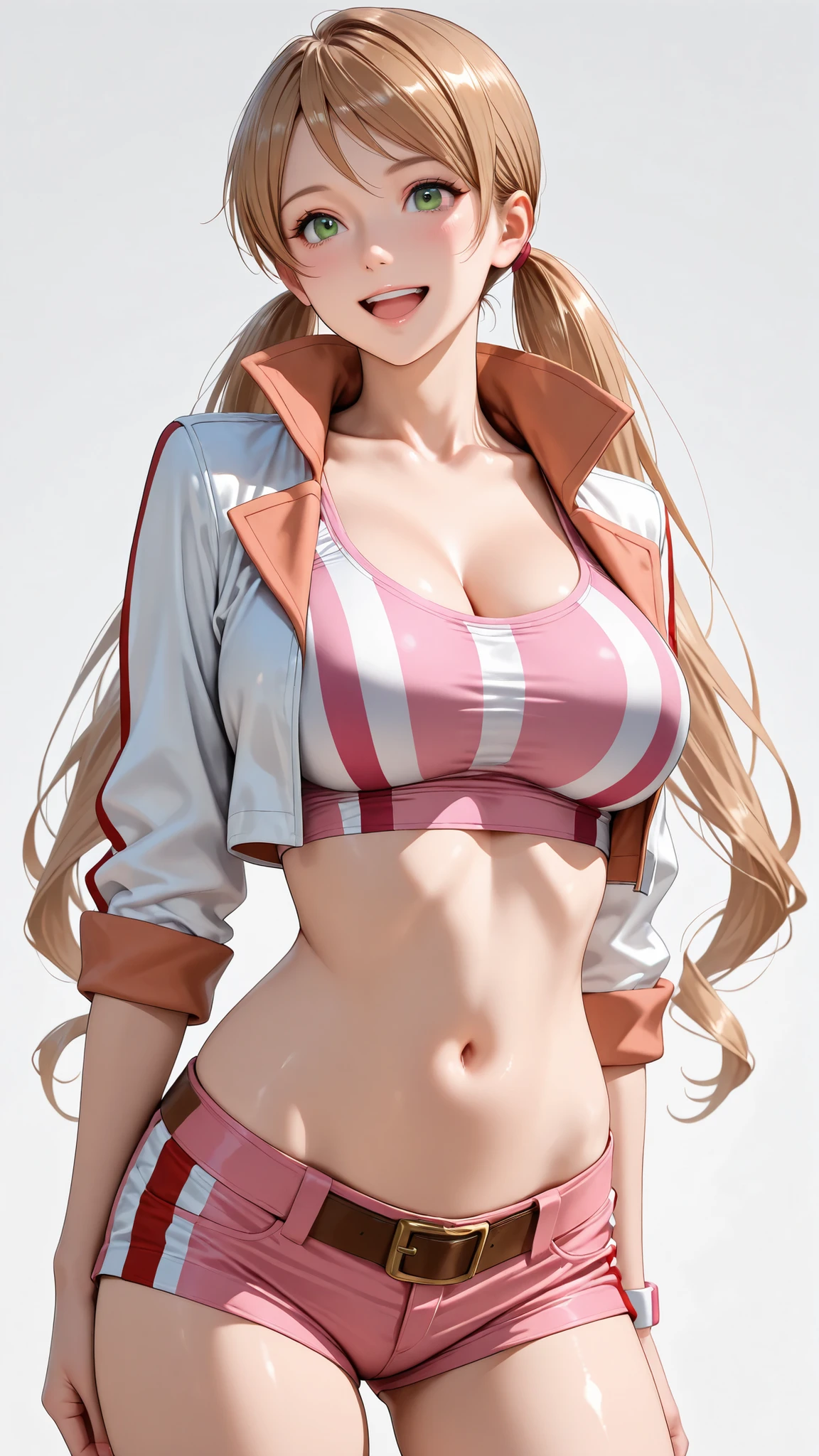 ((masterpiece,best quality,ultra detailed,high resolution)),(realistic:0.9),18 years old,cowboy shot,solo,Lafter Frankland,lftrfld, low twintails, light brown hair, long hair, green eyes, large breasts,pink crop top, white jacket, cropped jacket, two-sided jacket, midriff, short shorts,happy,from behind,