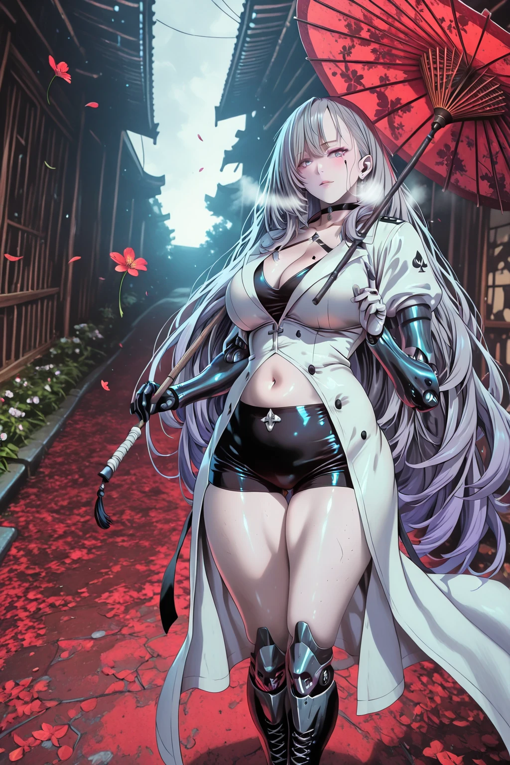Meteor, Manhwa, L_Cation2, babu-style, Hgk, (tomose_shunsaku-style:1.5), (jeneral-style:1.2), (zonda_(solid_air)-style:1.4), (saintshiro-style:1.3), (kagematsuri-style:1.1), ((anime coloring, anime screencap)), shiny skin, Hand drawn, cinematic, Sharp focus, humorous illustration, big depth of field,(cellulite:1.2) Masterpiece, ((cinematic, backlighting)), concept art, trending on artstation, Vivid colors, Simplified style, trending on ArtStation, trending on CGSociety, Intricate, Vibrant colors, Soft Shading, Simplistic Features, Sharp Angles, Playful, (voluptuous body:1.4), (mature female:1.4), ((anatomical correct)), perfect body, perfect eyes, perfect fingers, gasping, heavy breathing, gasping profusely, ((skindentation)), ((curvy, thigh gap)) illilith, light purple eyes, (pale skin:1.3), multicolored hair, white gloves, grey hair, very long hair, mechanical arms, spade mark under eye, bright pupils, plump, moolight, falling flower, umbrella, alleyway, 1girl, solo, red umbrella, stomach, breasts, black choker, shorts, navel, umbrella, black shorts, midriff, choker, short shorts, standing, gloves, crop top, large breasts, black gloves, holding, thighs, boots, white coat, coat, looking at viewer, oil-paper umbrella, cleavage, holding umbrella, flower, single bare shoulder, black footwear
