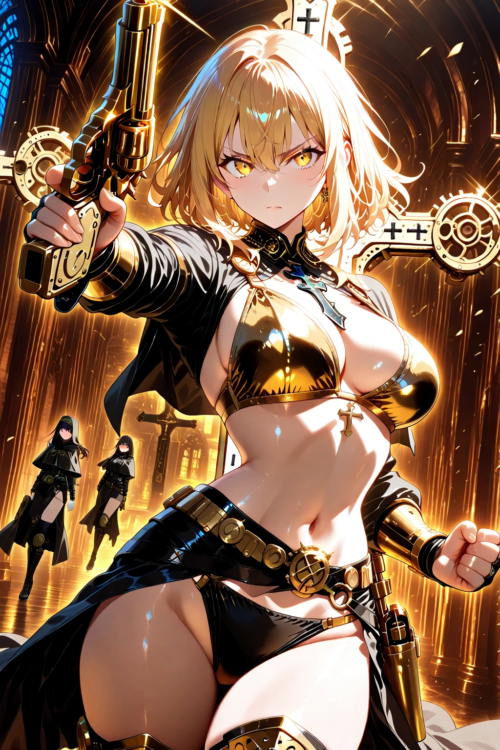 best quality, high resolution, large breasts, blonde hair, blush, embarrassed, cowboy shot, looking at viewer, bowsette, pink lip, (into the volcano), (bathing in lava), sexy legs, black  outfit, (((oiled body))), 