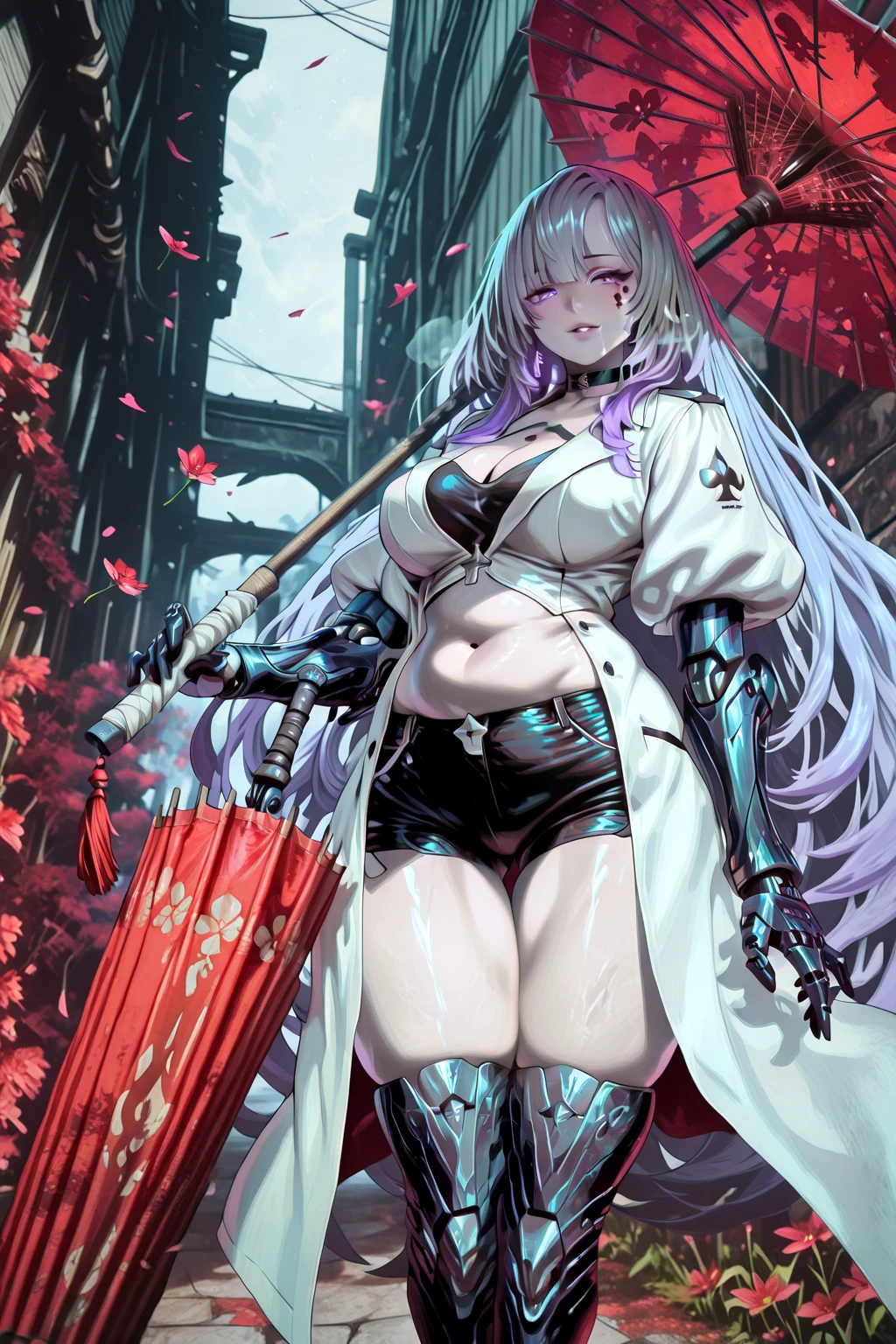 Meteor, Manhwa, L_Cation2, babu-style, Hgk, (tomose_shunsaku-style:1.5), (jeneral-style:1.2), (zonda_(solid_air)-style:1.4), (saintshiro-style:1.3), (kagematsuri-style:1.1), ((anime coloring, anime screencap)), shiny skin, Hand drawn, cinematic, Sharp focus, humorous illustration, big depth of field,(cellulite:1.2) Masterpiece, ((cinematic, backlighting)), concept art, trending on artstation, Vivid colors, Simplified style, trending on ArtStation, trending on CGSociety, Intricate, Vibrant colors, Soft Shading, Simplistic Features, Sharp Angles, Playful, (voluptuous body:1.4), (mature female:1.4), ((anatomical correct)), perfect body, perfect eyes, perfect fingers, gasping, heavy breathing, gasping profusely, ((skindentation)), ((curvy, thigh gap)) illilith, light purple eyes, (pale skin:1.3), multicolored hair, white gloves, grey hair, very long hair, mechanical arms, spade mark under eye, bright pupils, plump, moolight, falling flower, umbrella, alleyway, 1girl, solo, red umbrella, stomach, breasts, black choker, shorts, navel, umbrella, black shorts, midriff, choker, short shorts, standing, gloves, crop top, large breasts, black gloves, holding, thighs, boots, white coat, coat, looking at viewer, oil-paper umbrella, cleavage, holding umbrella, flower, single bare shoulder, black footwear