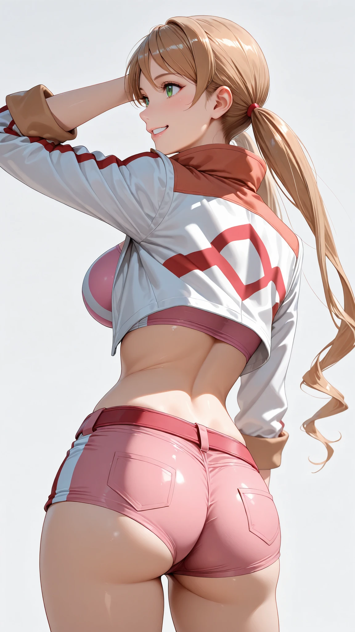 ((masterpiece,best quality,ultra detailed,high resolution)),(realistic:0.9),18 years old,cowboy shot,solo,Lafter Frankland,lftrfld, low twintails, light brown hair, long hair, green eyes, large breasts,pink crop top, white jacket, cropped jacket, two-sided jacket, midriff, short shorts,happy,(from behind),