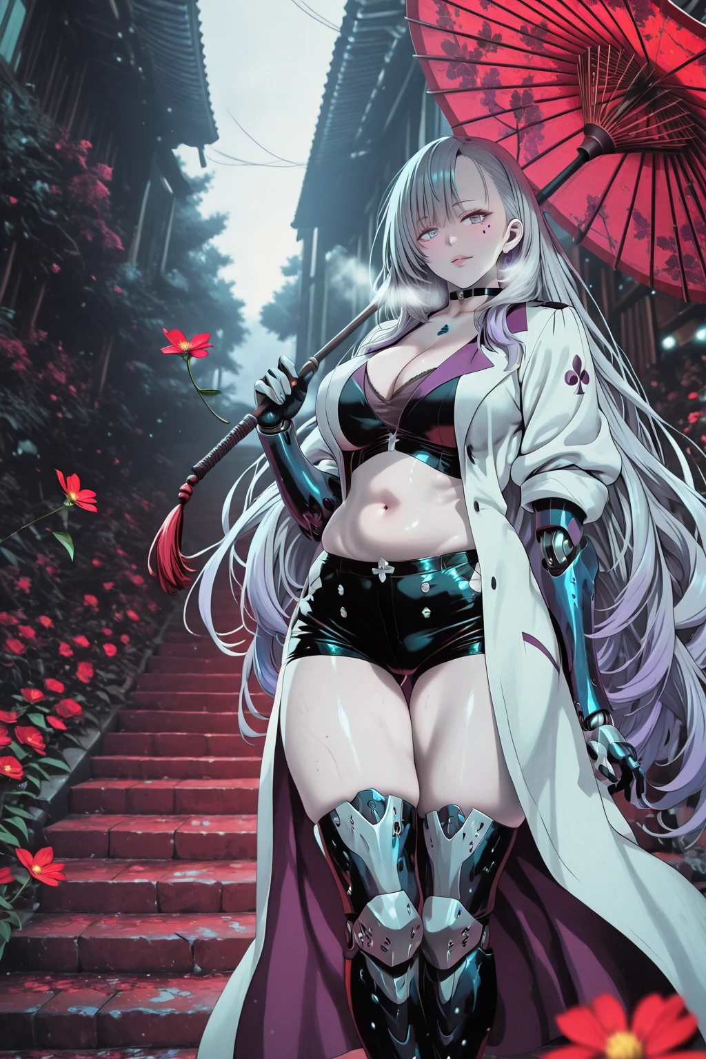 Meteor, Manhwa, L_Cation2, babu-style, Hgk, (tomose_shunsaku-style:1.5), (jeneral-style:1.2), (zonda_(solid_air)-style:1.4), (saintshiro-style:1.3), (kagematsuri-style:1.1), ((anime coloring, anime screencap)), shiny skin, Hand drawn, cinematic, Sharp focus, humorous illustration, big depth of field,(cellulite:1.2) Masterpiece, ((cinematic, backlighting)), concept art, trending on artstation, Vivid colors, Simplified style, trending on ArtStation, trending on CGSociety, Intricate, Vibrant colors, Soft Shading, Simplistic Features, Sharp Angles, Playful, (voluptuous body:1.4), (mature female:1.4), ((anatomical correct)), perfect body, perfect eyes, perfect fingers, gasping, heavy breathing, gasping profusely, ((skindentation)), ((curvy, thigh gap)) illilith, light purple eyes, (pale skin:1.3), multicolored hair, white gloves, grey hair, very long hair, mechanical arms, spade mark under eye, bright pupils, plump, moolight, falling flower, umbrella, alleyway, 1girl, solo, red umbrella, stomach, breasts, black choker, shorts, navel, umbrella, black shorts, midriff, choker, short shorts, standing, gloves, crop top, large breasts, black gloves, holding, thighs, boots, white coat, coat, looking at viewer, oil-paper umbrella, cleavage, holding umbrella, flower, single bare shoulder, black footwear