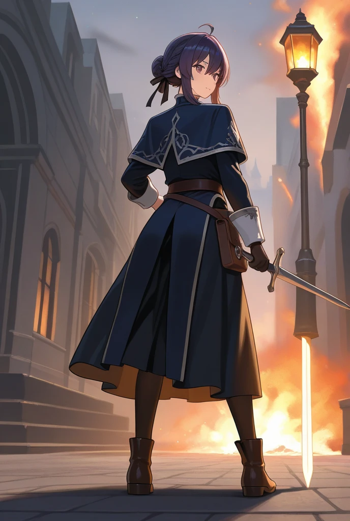 score_9, score_8_up, score_7_up, solo, source_anime, 1girl, female focus, 2D, Rosa_rosa_utm, long hair, black hair, sidelocks, hair ribbon, blue eyes, glasses, rimless eyewear, small , White capelet, collared capelet, black coat, long sleeves, white pants, facing viewer, from front, long coat, outdoors, post-apocalypse, ruins, city, pointing forward, full body, short