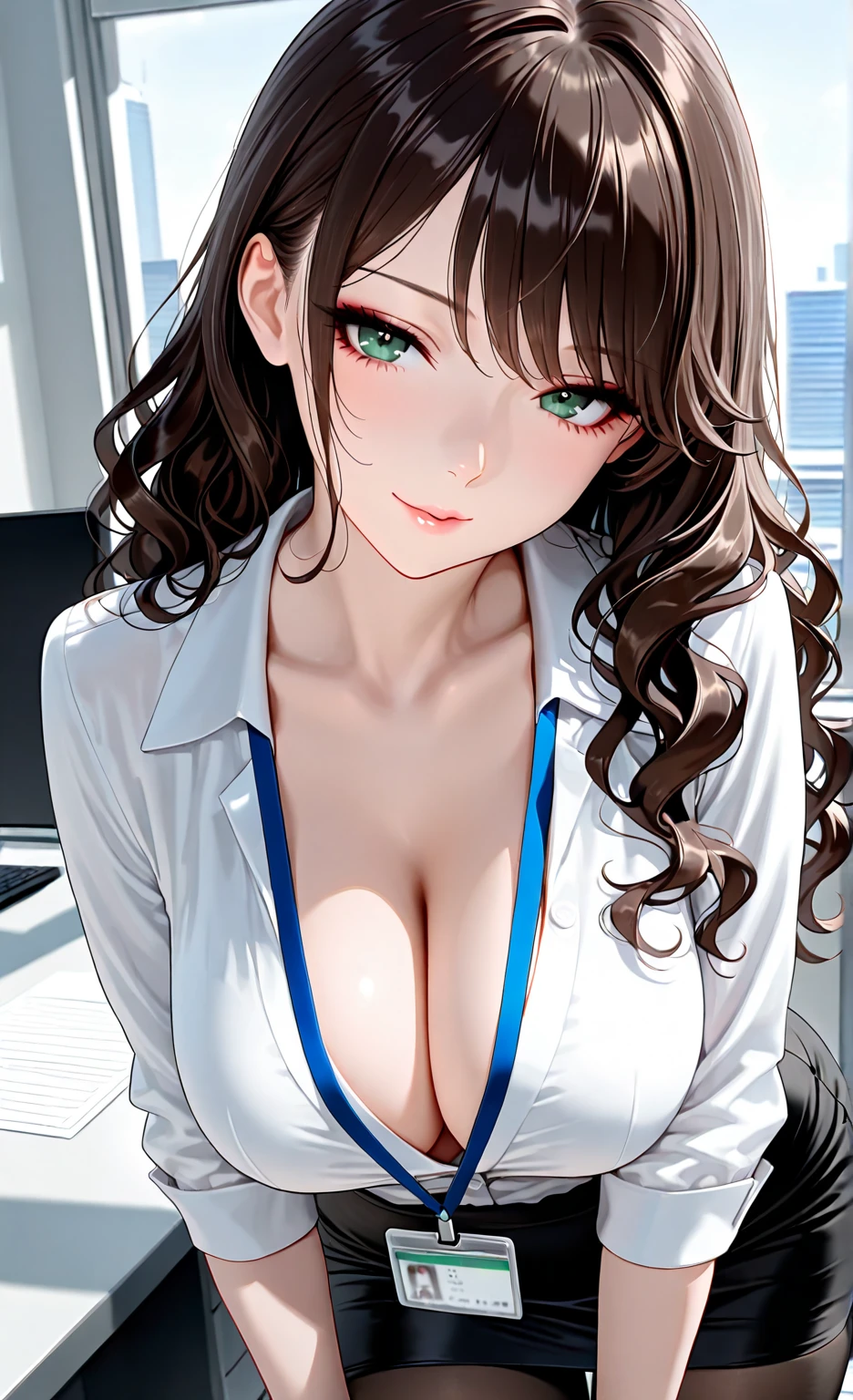 (masutepiece: 1.3), (max resolution: 1.2), (Ultra HDTV: 1.2), cinematric light,nffsw, 8K resolution,, Perfect Style, Beautiful face, 准确, Anatomically correct, Highly detailed face and skin texture, , shiny little necklace and earrings, big full breasted hair、Medium long、((Black tailored jacket))、Company Office、((OL:1.3))、(Blushing smile:1.3)、Bright sunshine、 Lady、A slender、White dress shirts、Sit up、Computer Operation、Blue Lace Pattern Bra、Opening Mouth