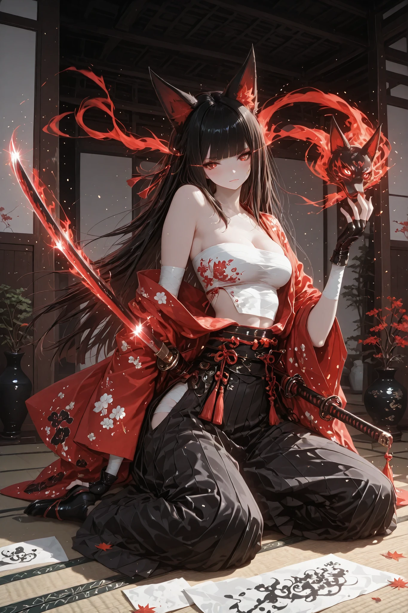 masterpiece , best quality, high quality, anime style , detailed illustration , vivid colors , detailed background , full body view ,  onmyoji, 1girl, sitting_pose , kneeling , fox_ears , striking red_eyes , long_black_hair, dark fur on ears , messy hair , blunt_bangs , blush , ink on face , dark clothing , green japanese_open_clothes, white_sarashi_top , big breast, cleavage, exposed midriff , dark brown hakama , loose black belt with gold tassel hanging from it, fingerless gloves ,  right hand raising paintbrush , calligraphy brush, left hand lifts sleeping cat , katana saya , sword_sheath,  small kasa-obake in the air , glowing eyes on kasa-obake , fantastical element , traditional Japanese room , shoji screen , tatami floor , rice paper with the Japanese character "onmyoji" written in ink, ink stains on floor , messy ink drawing, with paw prints on floor , chaos, ink bottle , books on floor , potted plant , red maple leaves behind , mount Fuji gate visible in distance , daylight , soft ambient light streaming, dynamic pose ,  looking at the cat , solo, original character, highly_detailed_fabric, dynamic_lighting, dramatic_shadow