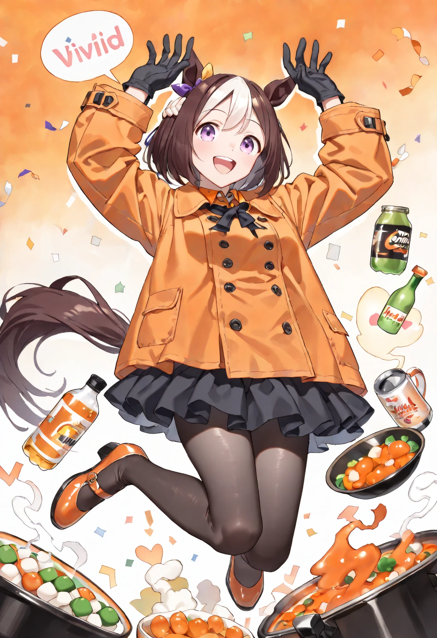 (masterpiece, best quality, perfect face:1.4), wide angle, special week \(umamusume\), horse ears, ear ornament, horse tail, tail on the lower back, 1 girl, looking at viewer, BREAK BREAK (vivid orange theme:1.5), (vivid orange pea coat:1.5), ((button up, double-breasted, long sleeve, matte texture, soft texture):1.3), (orange coat:1.4), BREAK ((black fur collar on neckline, fit and flare silhouette):1.2), (black mitten gloves:1.3), (black chiffon mini skirt:1.3), (opaque pure black pantyhose:1.3), BREAK, drinking beer, ///back ground/// Kotatsu, Japanese hot pot dishes, Steam rises from the pot, (speech_bubble with large pink heart), party, colorful confetti, ///pose and composition/// (from front, front view, eye_level), (full body), jumping, (in air), bend knees, (arms up, hands in high_air, outstretched arms),  BREAK, proportional body, proportional, beautiful hair, beautiful face, beautiful clavicle, beautiful body, beautiful chest, beautiful thigh, beautiful legs, beautiful and detailed skin, detailed face and eyes, perfect body and limbs, perfect hands and fingers, (perfect hands, perfect anatomy),glossy texture, textured skin, realistic skin, HDR,