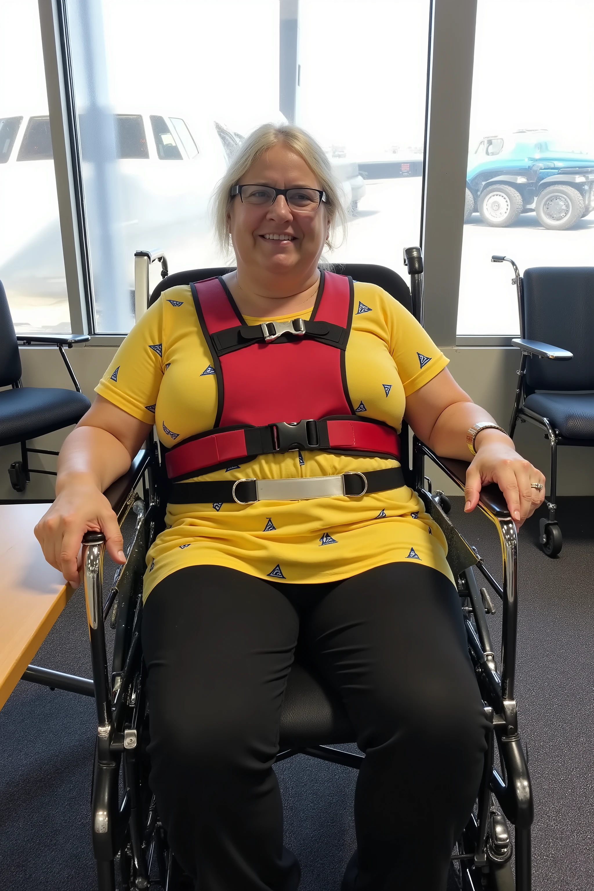 A 62 year old woman is photographed inside of an airport near the gate windows, a large aircraft visible outside of the airport, the woman is obese weighing 400 pounds and has heavy arms and belly, the woman wears a yellow leather dress with blue triangular patterns printed on it, the woman wears a shining red vinyl wheelchair restraint harness with locking silver buckles, the woman wears a shiny silver padded wheelchair hip belt, the woman wears black leather pants and red sport shoes