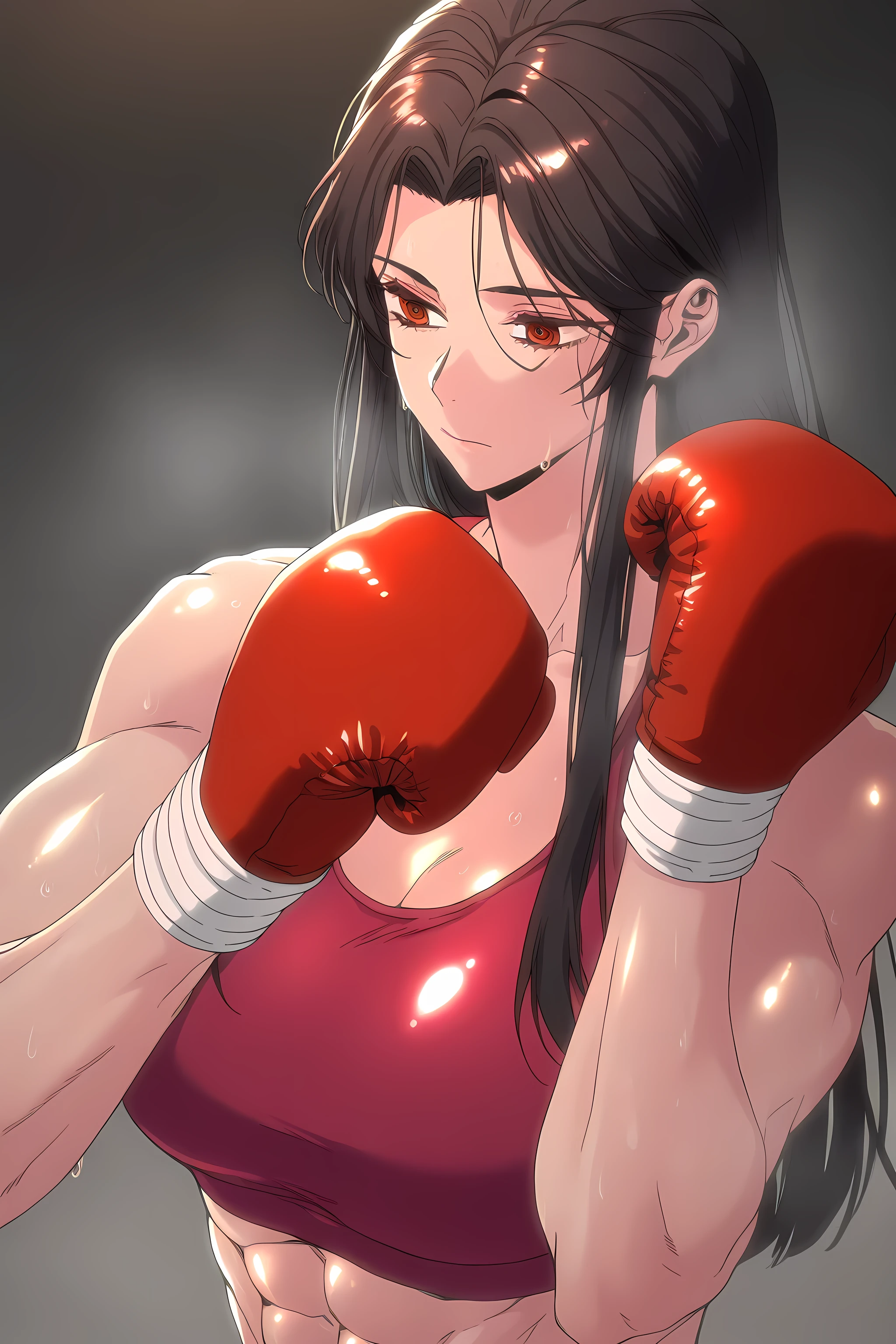 1girl, solo, young mature, ihwa, long hair, red eyes, black hair, ringed eyes, sidelocks, (ringed eyes:0.8), medium , toned female, abs, shiny body, sports bra, boxing gloves, sweating