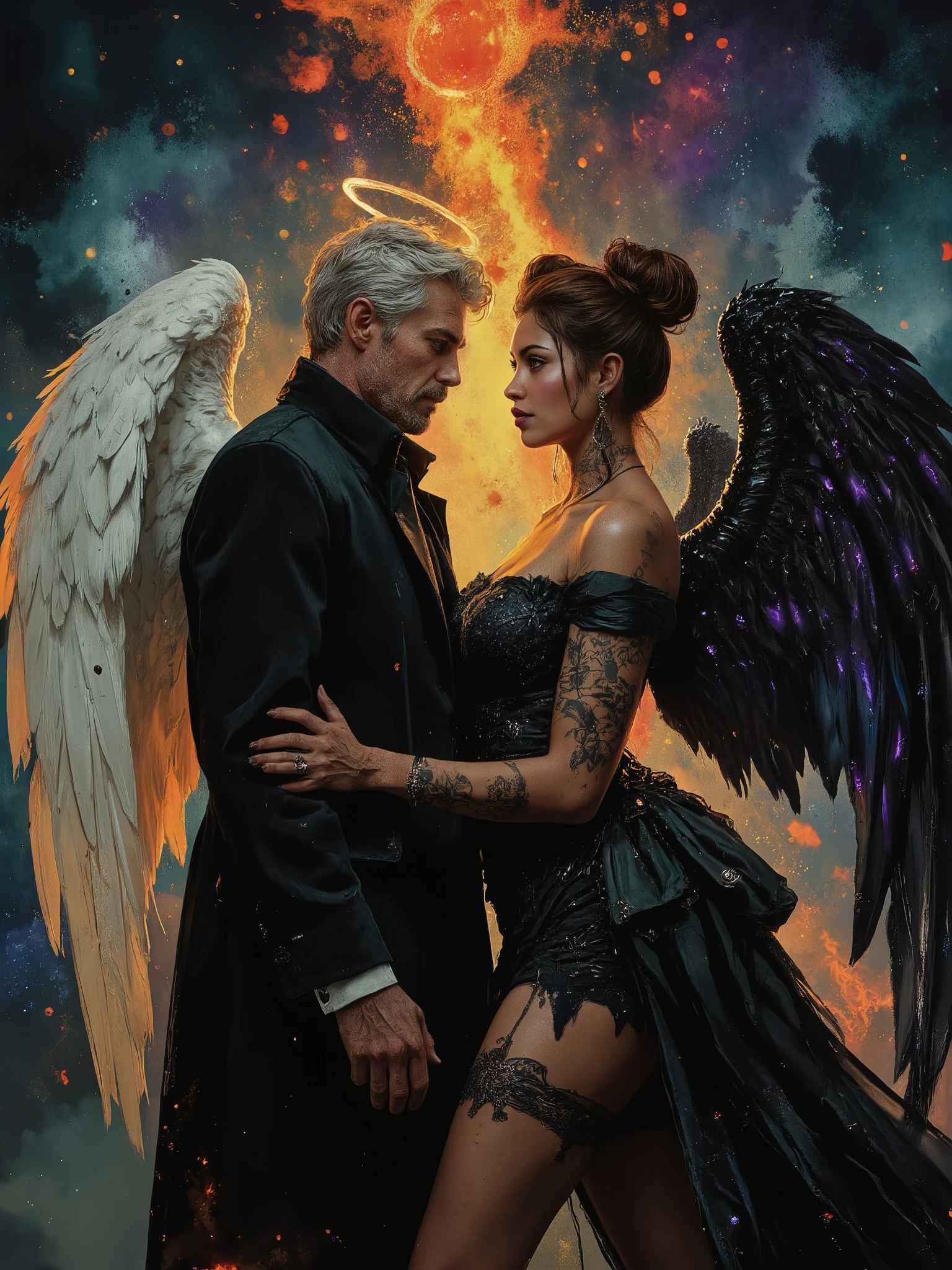 Award winning expressionist dark fantasy art color contrast, hyperrealistic poses, cinematographic photography , detailed, best quality , High resolution , intricate details, vivid colors , detailed Style Photography Hyperrealism oil painting portrait of a nuanced and polarized beautiful couple , ((( beautiful mystical soulmates ))) perfection of style , vivid colors , colorful, dark background, aidmaMJ6.1, FNTSypstlce estilo , Nova arte digital fantasycore, q
Done in a balanced, fluid, gothic style that expresses the harmony of opposites that dance around these 2.
A captivating portrait shows an angel and a demon in stark opposition. On the left, a 40 year old clean shaven man with short white hair and aquiline features. With a wry expression wears a dark, high-collared coat. He has white, feathered wings and a glowing halo, symbolizing his angelic nature. On the right, a mixed half caucasian half black woman with light brown skin and long, hair brown that shimmers dressed in 2 buns, is wearing a roguish grin and dressed in a black, ornate off-the-shoulder gown. Her radiant eyes plotting are familiar to the man and can tell she plots mischief. She has dark spidery tattoos that are elegant and cruelly beautiful across her chest arms and thighs, low cut dress showing her perky bosom, and large majestic black gossamer wings of blue and purple frame her statuesque form, with flames rising behind her of the same colors, signifying her sinister essence that's tied to darkness and the beauty found in the unseelie court. Both figures are facing each other, their intense gazes creating a powerful contrast between light and darkness and a shocking truth, they long to touch one another and their look is full of love. Massive energies whirl around these 2 and an eclipse of the Sun heralds their union with a foreboding air.
cinematic lighting, ethereal glow, mystical aura, cosmic energy, striking beautiful young face, 8K resolution