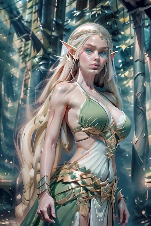 (pt) "Tauriel, the elven warrior, stands in the midst of an ancient forest. She draws her bow and takes aim at an unseen foe, her silver hair and radiant armor glistening in the sunlight. Around her, the trees are tall and alive with movement - every beam of light that pierces the canopy dances with glittering particles. With every step she takes through the underbrush, the colors of the world seem to shift and change, as though the very essence of life were in constant flux around her."