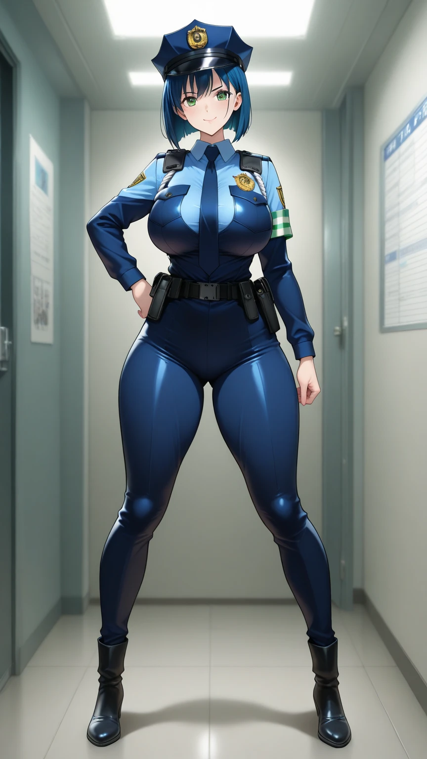 (masterpiece), (best quality), (high res),1girl, tall body, beautiful detailed eyes, beautiful detailed face, cute face, perfect hands, complete fingers, perfect , perfect proportions, ((hat, dark blue police hat)), ((leotard, matching leotard,  legs)), ((boots, matching boots)), , long stockings with garters, fingerless gloves, (full body portrait), looking at viewer, solo, solo focus, standing, police uniform, cowboy shot, space station backdrop, indoors, (belt, tight belt), (armbands, white sleeves), full body costume design. 