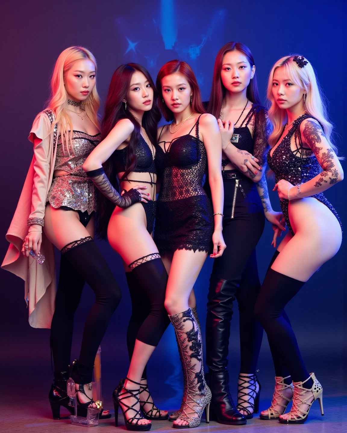 Ulchan-6500-v1.1, (RAW photo:1.2), (realistic:1.4), 美しい詳細なgirl, very detailed eyes and face, beautiful and fine eyes, That's ridiculous, incredibly That's ridiculous, huge file size, Super detailed, High resolution, very detailed, highest quality, masterpiece, Kemomimi, (highest quality, masterpiece:1.2), (((Leather Uniforms)), tight clothes, slender body, Fit Athletic Body, figure, very detailed, cg, unified, 8k wallpaper, wonderful, small details, masterpiece, highest quality, very detailed cg uniform 8k wallpaper, light shines on your face, cinematic lighting, 3+girl, 18-year-old, (()), ()), ((dynamic pose)), (), (half), Black leg stockings, Tight leather skirt, high heeled shoes, leather mini skirt, Black leg stockingss, G-string. 3+ cute korean women, K-POP idol, Photo of 、women standing in the office of about 40 poses. group photo, 、」 . whole body. various poses. lingerie. show me your ,put your  forward,背面figure, 正面figure,((、huge ))