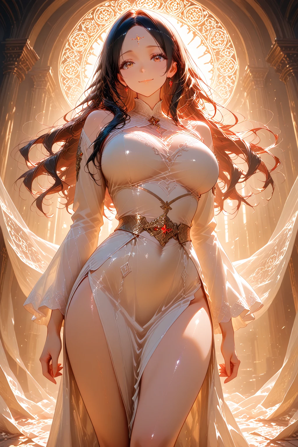 Highly detailed CG unit 8K wallpaper, masterpiece, High resolution, highest quality, highest quality real texture skin, Super Real, Digital Painting, Best image quality, 最High resolution, 8K, (((1 girl))), Very beautiful teenager, ((Highly detailed eyes and face)), Beautiful eyes in every detail, Full Body Shot, ?????? pocket, collared dress, short dress, short sleeves, thighs, white dress, chinese style embroidery, disproportionate ???????, ????????????, sideboobs, ((sagging ???????, ????????????????, Cleavage:1.5, curvy, ????? ??????, ,((tanned skin)), smile, grin, Strong winds, typhoon, light brown hair,