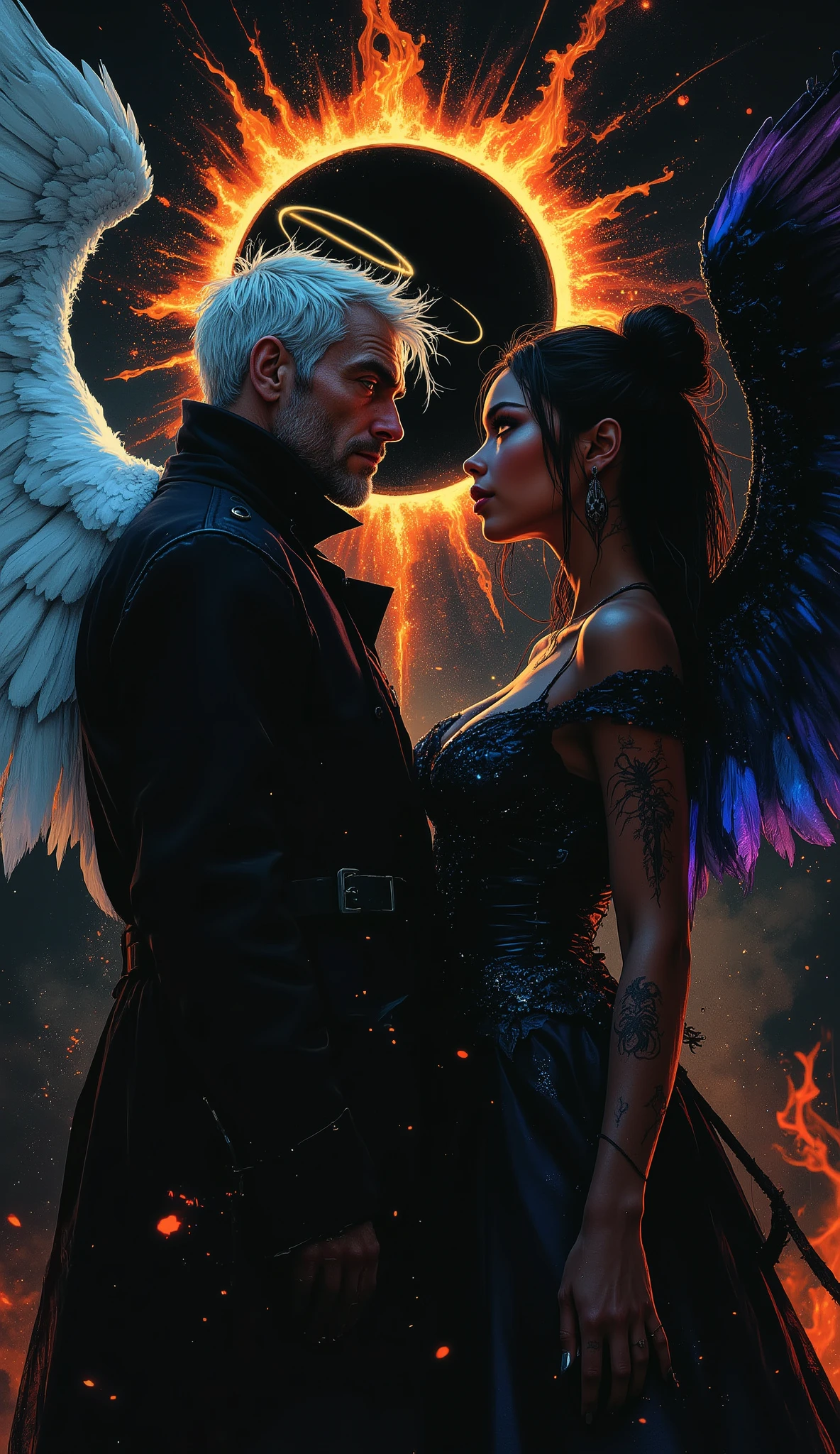 Award winning expressionist dark fantasy art color contrast, hyperrealistic poses, cinematographic photography , detailed, best quality , High resolution , intricate details, vivid colors , detailed Style Photography Hyperrealism oil painting portrait of a nuanced and polarized beautiful couple , ((( beautiful mystical soulmates ))) perfection of style , vivid colors , colorful, dark background, aidmaMJ6.1, FNTSypstlce estilo , Nova arte digital fantasycore, q
Done in a balanced, fluid, gothic style that expresses the harmony of opposites that dance around these 2.
A captivating portrait shows an angel and a demon in stark opposition. On the left, a 40 year old clean shaven man with short white hair and aquiline features. With a wry expression wears a dark, high-collared coat. He has white, feathered wings and a glowing halo, symbolizing his angelic nature. On the right, a mixed half caucasian half black woman with light brown skin and long, hair brown that shimmers dressed in 2 buns, is wearing a roguish grin and dressed in a black, ornate off-the-shoulder gown. Her radiant eyes plotting are familiar to the man and can tell she plots mischief. She has dark spidery tattoos that are elegant and cruelly beautiful across her chest arms and thighs, low cut dress showing her perky bosom, and large majestic black gossamer wings of blue and purple frame her statuesque form, with flames rising behind her of the same colors, signifying her sinister essence that's tied to darkness and the beauty found in the unseelie court. Both figures are facing each other, their intense gazes creating a powerful contrast between light and darkness and a shocking truth, they long to touch one another and their look is full of love. Massive energies whirl around these 2 and an eclipse of the Sun heralds their union with a foreboding air.
cinematic lighting, ethereal glow, mystical aura, cosmic energy, striking beautiful young face, 8K resolution