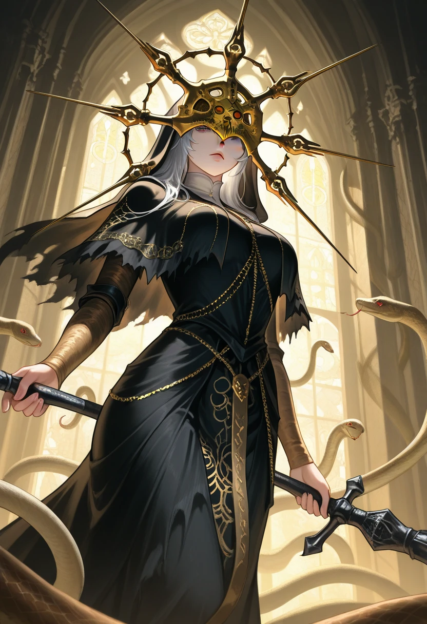 ((Highest quality)), ((masterpiece)), (detailed), （Perfect Face）、The woman is Princess Leona, who is having a wedding ceremony with the Demon King. She has medium-long light brown hair and is wearing a gorgeous black wedding dress decorated with gold and a black wedding veil. She is having a wedding ceremony with a man who is the Demon King of a dignified evil organization.、Women are brainwashed, expressionless, and have no highlights in their eyes.、The woman is getting married to a powerful demon king of an evil organization.、The powerful demon king of the evil organization embraces the woman.