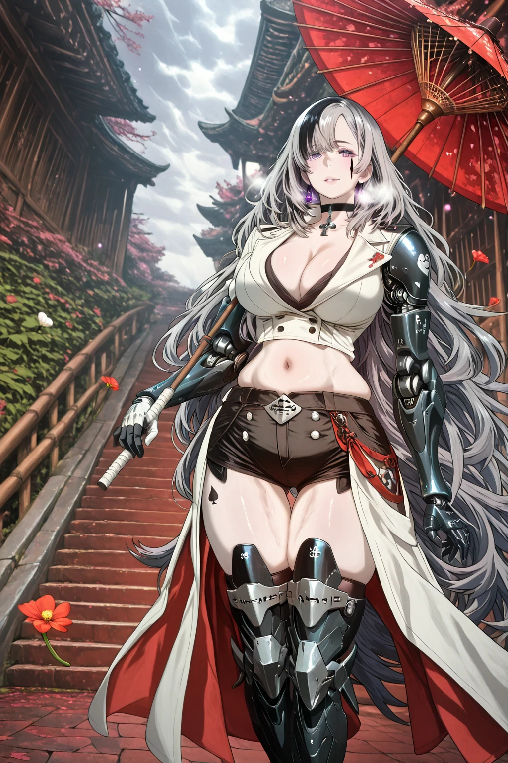Meteor, Manhwa, L_Cation2, babu-style, Hgk, (jeneral-style:1.2), (butcha-u-style:1.2), (gin_moku-style:1.3), (toi8-style:1.4), ((anime coloring, anime screencap)), shiny skin, Hand drawn, cinematic, Sharp focus, humorous illustration, big depth of field,(cellulite:1.2) Masterpiece, ((cinematic, backlighting)), concept art, trending on artstation, Vivid colors, Simplified style, trending on ArtStation, trending on CGSociety, Intricate, Vibrant colors, Soft Shading, Simplistic Features, Sharp Angles, Playful, (voluptuous body:1.4), (mature female:1.4), ((anatomical correct)), perfect body, perfect eyes, perfect fingers, gasping, heavy breathing, gasping profusely, ((skindentation)), ((curvy, thigh gap)) illilith, light purple eyes, (pale skin:1.3), multicolored hair, white gloves, grey hair, very long hair, mechanical arms, spade mark under eye, bright pupils, plump, moolight, falling flower, umbrella, alleyway, 1girl, solo, red umbrella, stomach, breasts, black choker, shorts, navel, umbrella, black shorts, midriff, choker, short shorts, standing, gloves, crop top, large breasts, black gloves, holding, thighs, boots, white coat, coat, looking at viewer, oil-paper umbrella, cleavage, holding umbrella, flower, single bare shoulder, black footwear