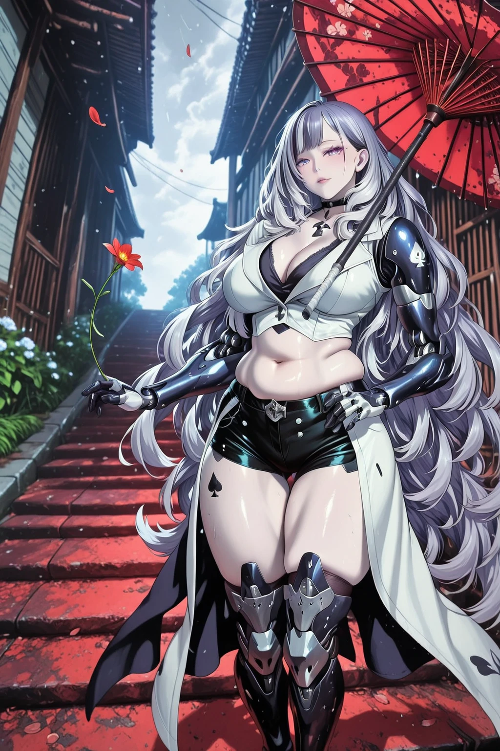 Meteor, Manhwa, L_Cation2, babu-style, Hgk, (gggg-style:1.5), (jeneral-style:1.2), (zonda_(solid_air)-style:1.4), (saintshiro-style:1.3), (kagematsuri-style:1.1), ((anime coloring, anime screencap)), shiny skin, Hand drawn, cinematic, Sharp focus, humorous illustration, big depth of field,(cellulite:1.2) Masterpiece, ((cinematic, backlighting)), concept art, trending on artstation, Vivid colors, Simplified style, trending on ArtStation, trending on CGSociety, Intricate, Vibrant colors, Soft Shading, Simplistic Features, Sharp Angles, Playful, (voluptuous body:1.4), (mature female:1.4), ((anatomical correct)), perfect body, perfect eyes, perfect fingers, gasping, heavy breathing, gasping profusely, ((skindentation)), ((curvy, thigh gap)) illilith, light purple eyes, (pale skin:1.3), multicolored hair, white gloves, grey hair, very long hair, mechanical arms, spade mark under eye, bright pupils, plump, moolight, falling flower, umbrella, alleyway, 1girl, solo, red umbrella, stomach, breasts, black choker, shorts, navel, umbrella, black shorts, midriff, choker, short shorts, standing, gloves, crop top, large breasts, black gloves, holding, thighs, boots, white coat, coat, looking at viewer, oil-paper umbrella, cleavage, holding umbrella, flower, single bare shoulder, black footwear