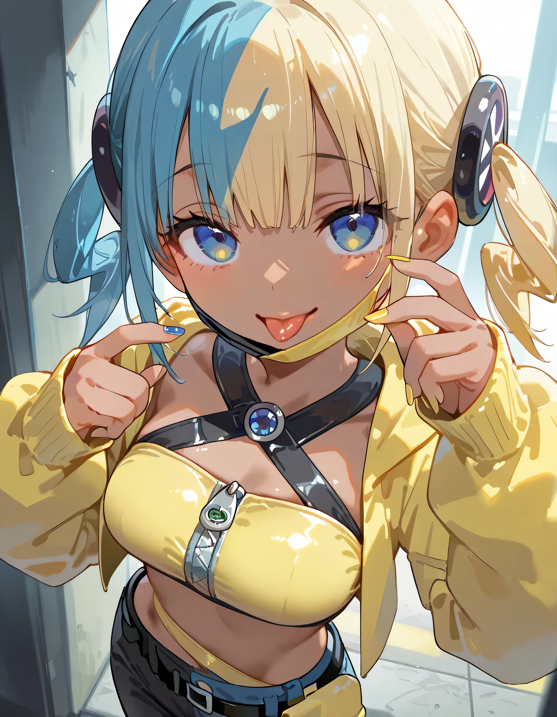 masterpiece, best quality, amazing quality,sideview, 1girl, <lora:canari_v30:1>, canari, dark-skinned female, multicolored hair, two-tone hair, blonde hair, blue hair, twintails, blue eyes, hair ornament, mouth mask, yellow jacket, hooded jacket, open jacket, long sleeves, sleeves past wrists, yellow bandeau, crop top, midriff, zipper, nail polish, yellow nails, blue nails, pants, pouch, belt, face focus, looking at viewer, smile, tongue out, pulling mask, from above