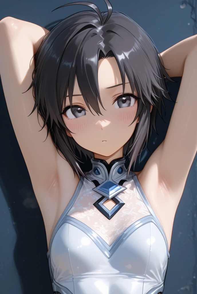 1 woman, alone, 8K, masterpiece, (The shirt will be tight around the chest...............:1.5), Masterpiece, 8ก, (big breasts:1.5), Cute face, smile a little, look at the audience., (hairy:1.8), (:1.6), , blue , Show some shirts.. ,