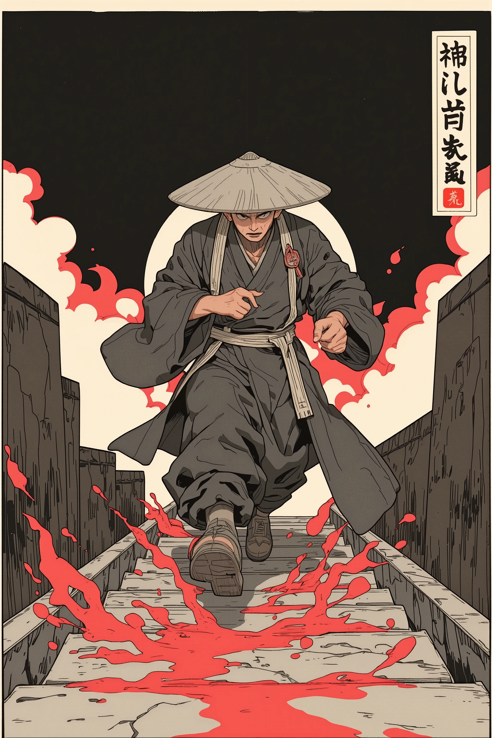 There is an Ukiyo-e of a mad Japanese monk exorcist wearing a hat,An exorcist monk walking down the stone steps while chanting nembutsu,Scary works,mixed style,Ukiyo-e comic art ,There is a Japanese ink painting drawn in 1850 ,ink sketch, picture drawn with brush and ink ,professional drawing,Black and white painting,ink painting,sharp concentration,Super Detailed Paintings Inspired by Lotte Reiniger,Ukiyo-e,delicate ink painting details,extra fine ink details ,occult art ,graphic details,Ink drawing,Detail shot, AMAZING DETAILS , black and white airbrush painting Ukiyo-e style ,