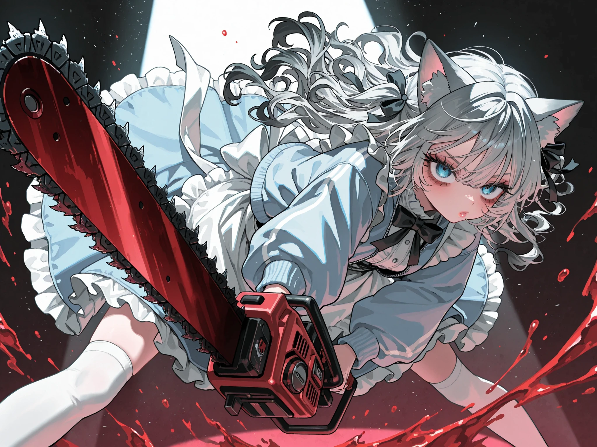 High quality, masterpiece, jirai kei, one woman, long eyelashes, lip gloss, bags under the eyes, long white wavy hair, gray tips, multicolored hair, long bangs, cat ears, blue eyes, light blue jersey jacket, maid outfit, long sleeves, light blue skirt, frill apron, spotlight, staring, red water droplet effect, bright pop background, (holding a chainsaw), white thigh-high socks, red face, (dynamic pose,) hair and clothes blowing in the wind,