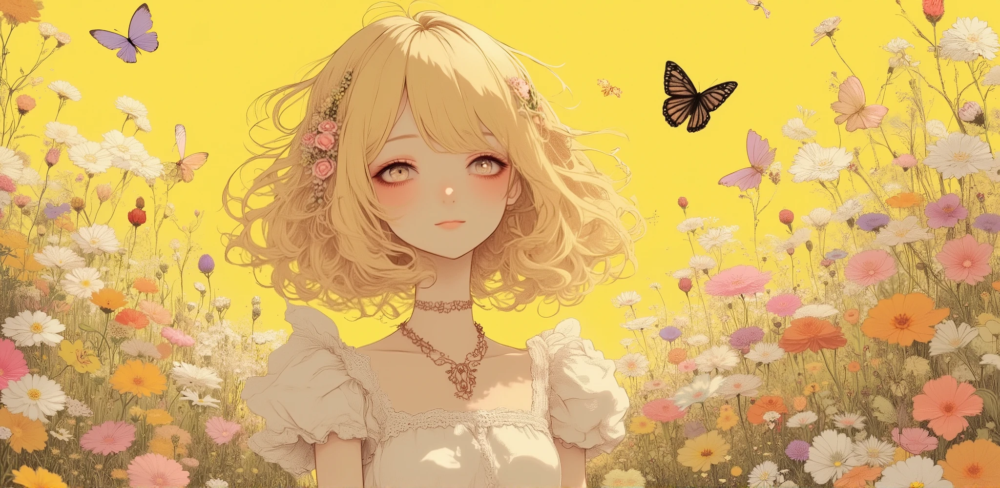 (masterpiece, top quality, very detailed, anime style, cinematic lighting),
Beautiful Women, Alone, yellow palette , Blonde, , surrounded by flowers, happy smile, bright flower-scented movements, Many butterflies around, Soaring