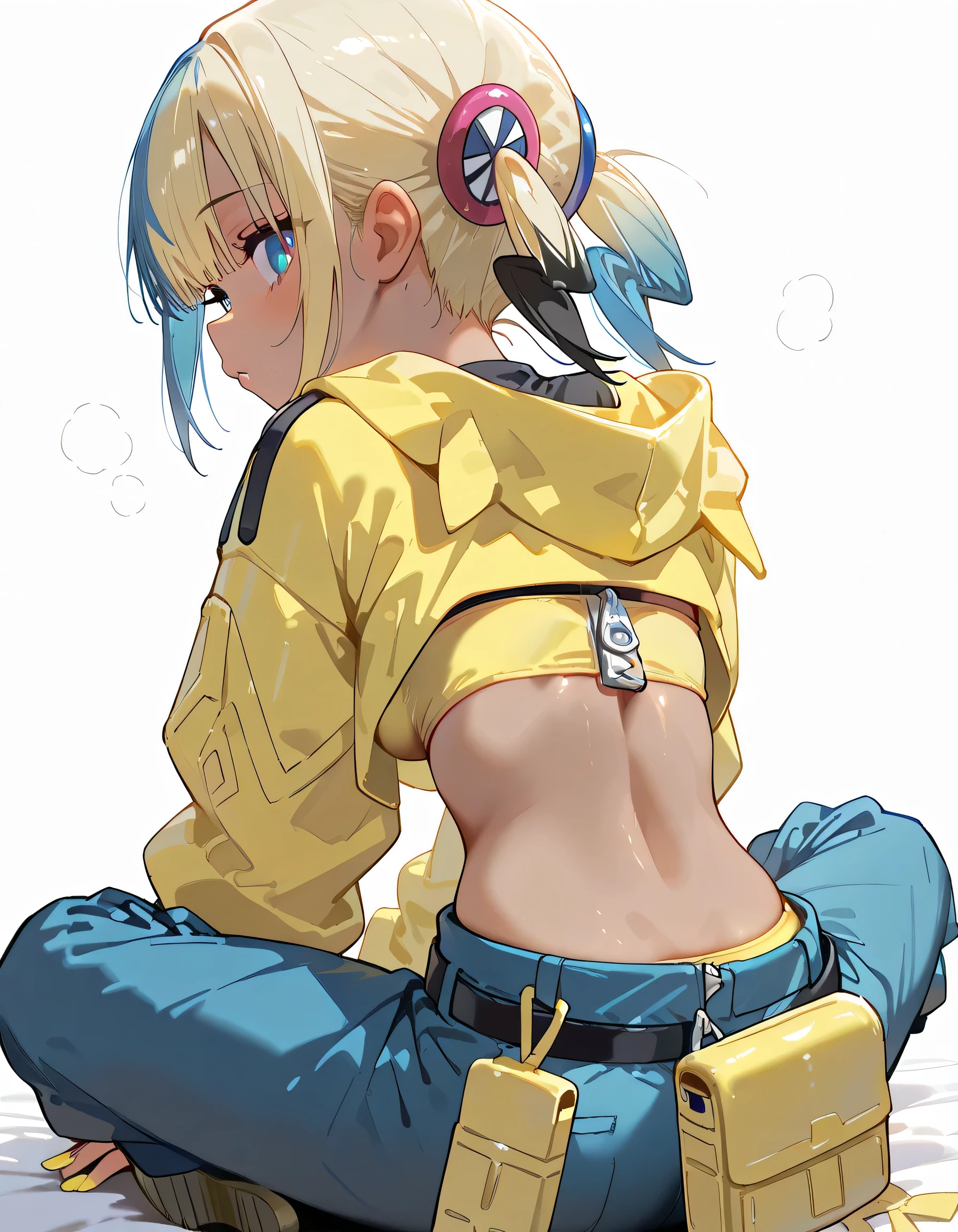 masterpiece, best quality, amazing quality,backview,solo,indian style, 1girl, <lora:canari_v30:1>, canari, dark-skinned female, multicolored hair, two-tone hair, blonde hair, blue hair, twintails, blue eyes, hair ornament, yellow jacket, hooded jacket, open jacket, long sleeves, sleeves past wrists, yellow bandeau, crop top, midriff, zipper, nail polish, yellow nails, blue nails, pants, pouch, belt,white background,
