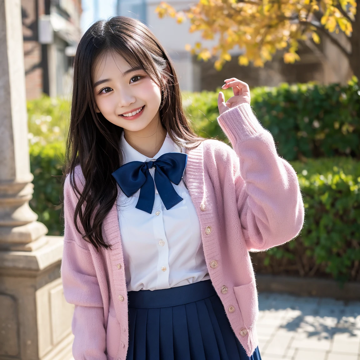 a closeup, ​masterpiece, top-quality, FULL 、Raw foto, Photorealsitic、(Cute little face:1.7)、(Very cute smile:1.7)、(with round face:1.7)、(She looks like an idol and is cute:1.7), A dark-haired、(brightly colored school uniforms:1.7), depth of fields, hight resolution, ultra-detailliert, finely detail, ighly detailed, extremely detailed eye and face, Realistic pupils, foco nítido, Cinematic lighting、18-year-old woman、(One lady、独奏:1.3)、 poneyTail、curlyhair、Very detailed 8k wallpaper、Show me your whole body、Looking at the camera、(Pleated skirt with plaid pattern that is too short、I can see my 、Plump 、 in a light color:1.7）、(Pink Fishnet Stockings)、is standing、Angle from below、(Thigh close-up:1.5)、(Nice figure、Clothes with emphasized chest bulge、Colossal tits、big breasts thin waist)、depth of fields、Bokeh in the background