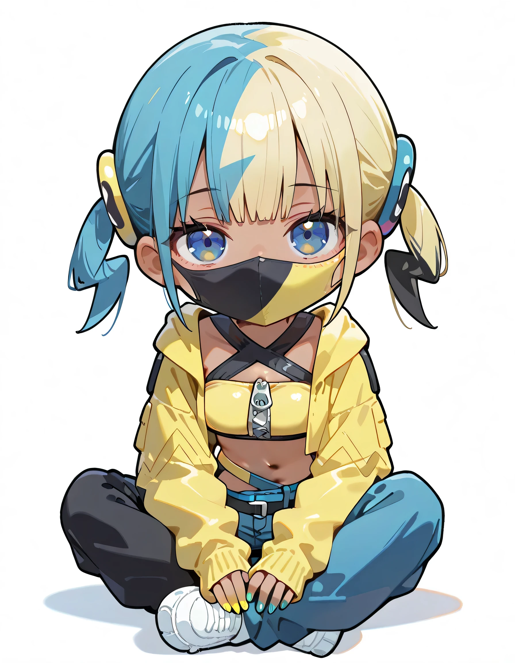 (chibi,fullbody),indian style,solo,1girl,canari, dark-skinned female, multicolored hair, two-tone hair, blonde hair, blue hair, twintails, blue eyes, hair ornament, mouth mask, yellow jacket, hooded jacket, open jacket, long sleeves, sleeves past wrists, yellow bandeau, crop top, midriff, zipper, nail polish, yellow nails, blue nails, pants, pouch, belt, face focus, looking at viewer, white background,