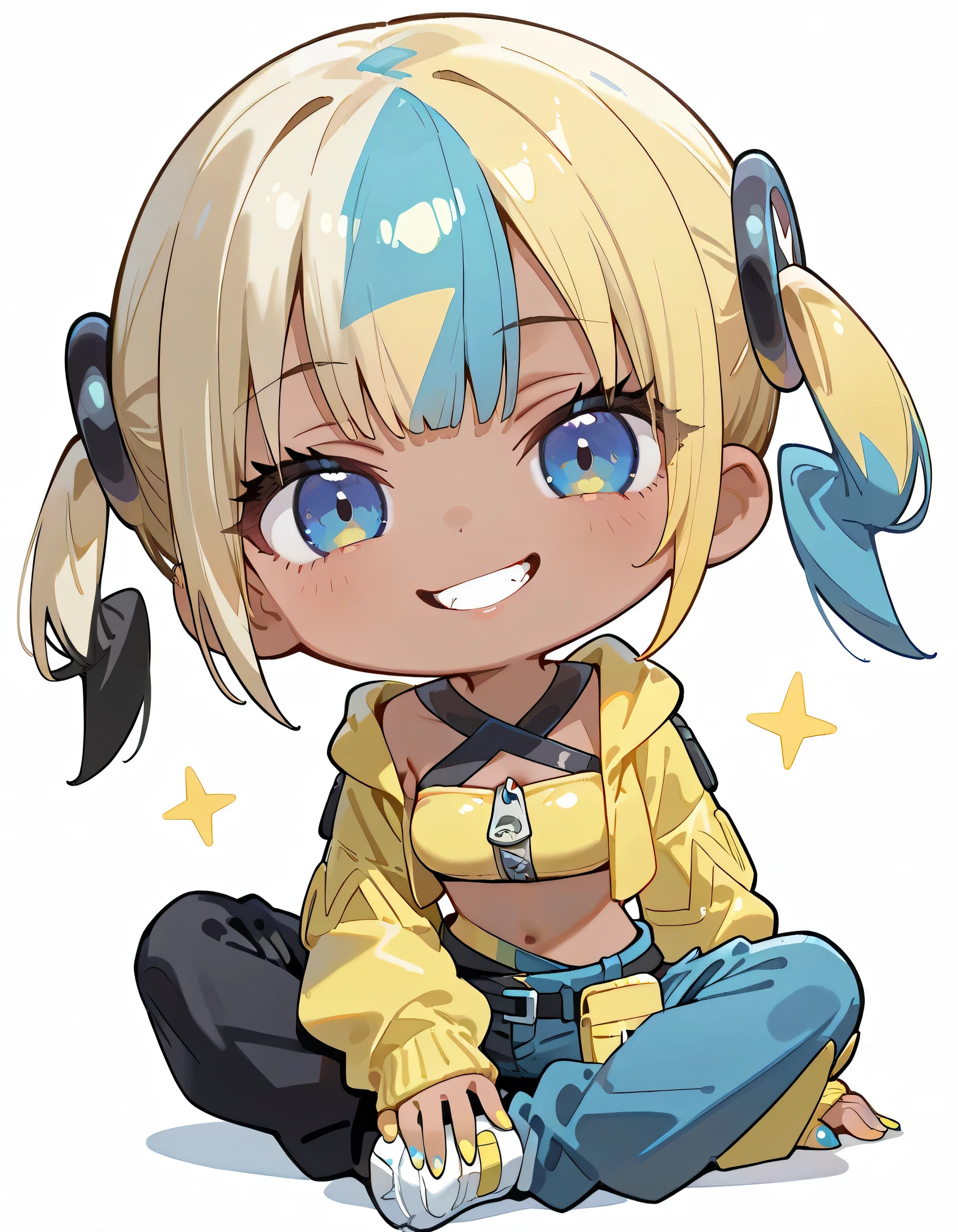 (chibi,fullbody),indian style,solo,1girl,canari, dark-skinned female, multicolored hair, two-tone hair, blonde hair, blue hair, twintails, blue eyes, hair ornament,evil grin, yellow jacket, hooded jacket, open jacket, long sleeves, sleeves past wrists, yellow bandeau, crop top, midriff, zipper, nail polish, yellow nails, blue nails, pants, pouch, belt, face focus, looking at viewer, white background,