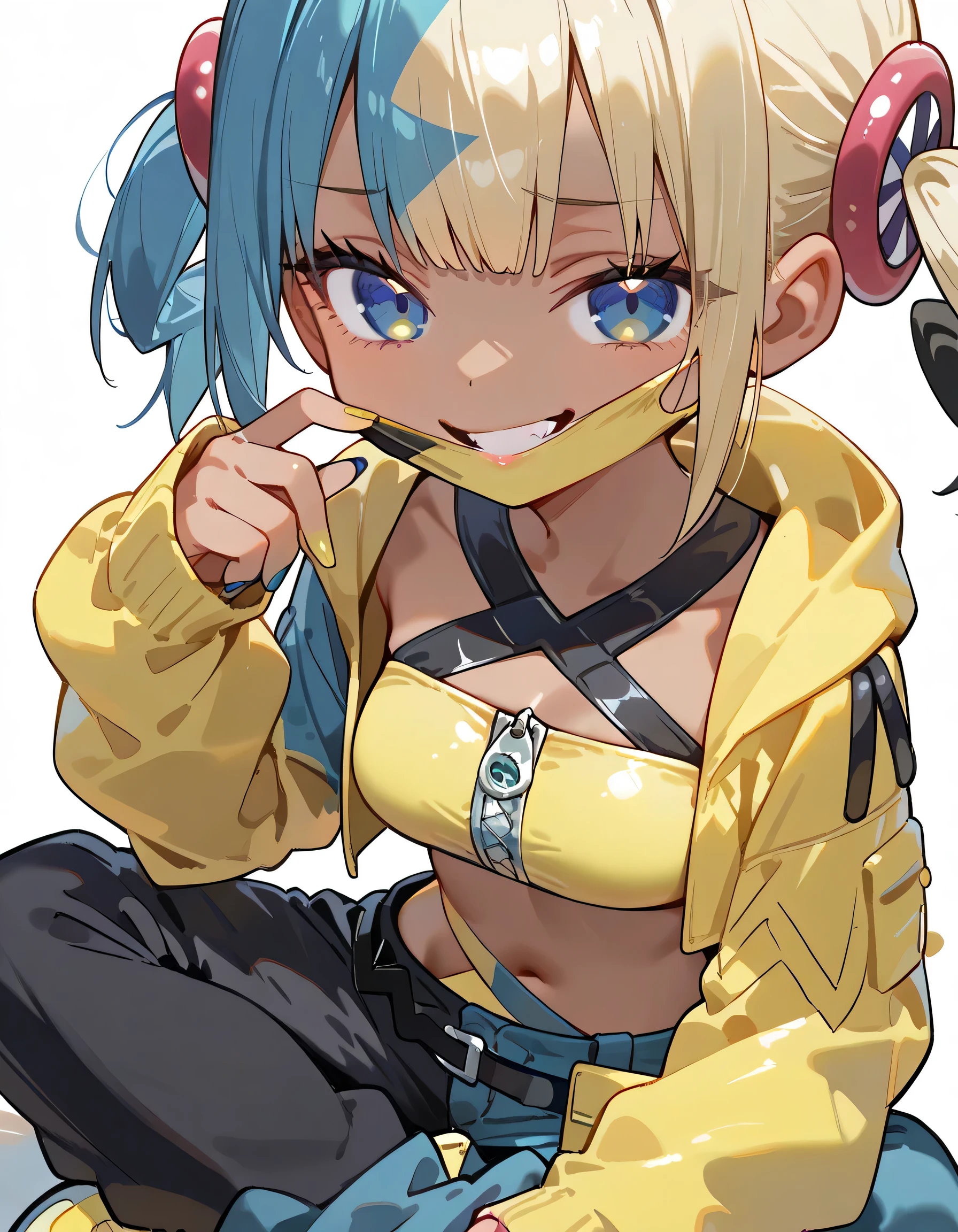 (chibi,fullbody),indian style,solo,1girl,canari, dark-skinned female, multicolored hair, two-tone hair, blonde hair, blue hair, twintails, blue eyes, hair ornament,evil grin, yellow jacket, hooded jacket, open jacket, long sleeves, sleeves past wrists, yellow bandeau, crop top, midriff, zipper, nail polish, yellow nails, blue nails, pants, pouch, belt, face focus, looking at viewer, white background,