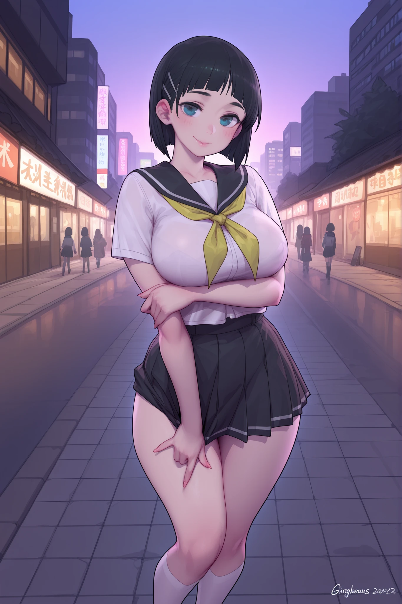 masterpiece, best quality, kirigaya suguha, gorgeous, at evening, japanese city, sidewalk, serafuku, kneesocks, teasing