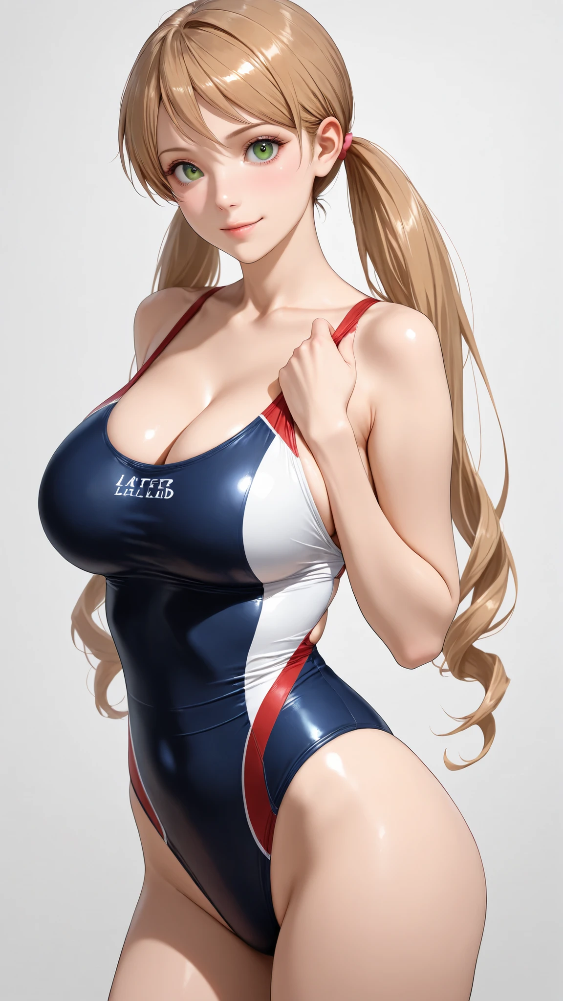 ((masterpiece,best quality,ultra detailed,ultra high resolution)),cowboy shot,(realistic:0.9),Lafter Frankland,lftrfld, low twintails, light brown hair, long hair, green big eyes, large breasts,cleavage,navy swimsuit,competition swimsuit,piace sign,