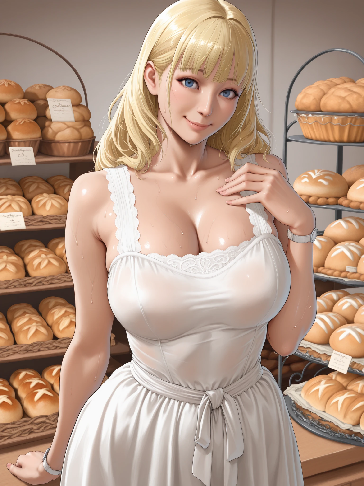 (masterpiece,top quality,Watch viewers),Salesgirl,Smile,Pura,16 international,Blonde,blue eyes,semi-long,Soft Touch,Delicate Body Curves,Realistic Human Body,white sheer roman dress,sweat,Bakery,Bakeryの孫娘,