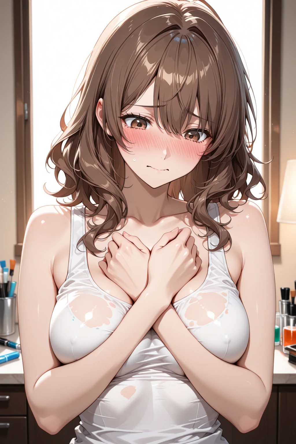 (((Shoulder deep immersion in your home unit bath:1.7))),(((flannel:1,7))),(((Hide your  with a towel:1.7))),(((Night lighting:1.3))), slip,Blushing cheeks、shyly smile,bbw,(beautiful a girl)、(Short hair in shiny silver and orange inner colors,Floral hair ornament,Floral braided top knot,Twisted Side Part Ponytail,Floral braided headband,half up、Floral Braided Space Van,Voluminous Fishtail Braids,Twisted chignon,),(Bangs are see-through bangs),(((emphasizing :1.3))),(Dynamic angles),(Dynamic and  poses),(bending forward:1.3),(((Dignified statue))),(((hair pin,a necklace,piercings))),Colossal tits,Blush with embarrassment,Enraptured eyes,A smile that beguiles the viewer,skin glistening with sweat,gazing at viewer,Upper body ,48yo ,Upper body naked,Disturbance of clothing due to movement,pointed red mouth,Perfect round face,,Proper body proportion,Intricate details,Very delicate and beautiful hair,photos realistic,Dreamy,Professional Lighting,realistic shadow,Solo Focus,Beautiful hands,Beautiful fingers,Detailed finger features,detailed clothes features,Detailed hair features,detailed facial features,(masutepiece,top-quality,Ultra-high resolution output image,) ,(The 8k quality,),(Sea Art 2 Mode.1),(Image Mode Ultra HD,)